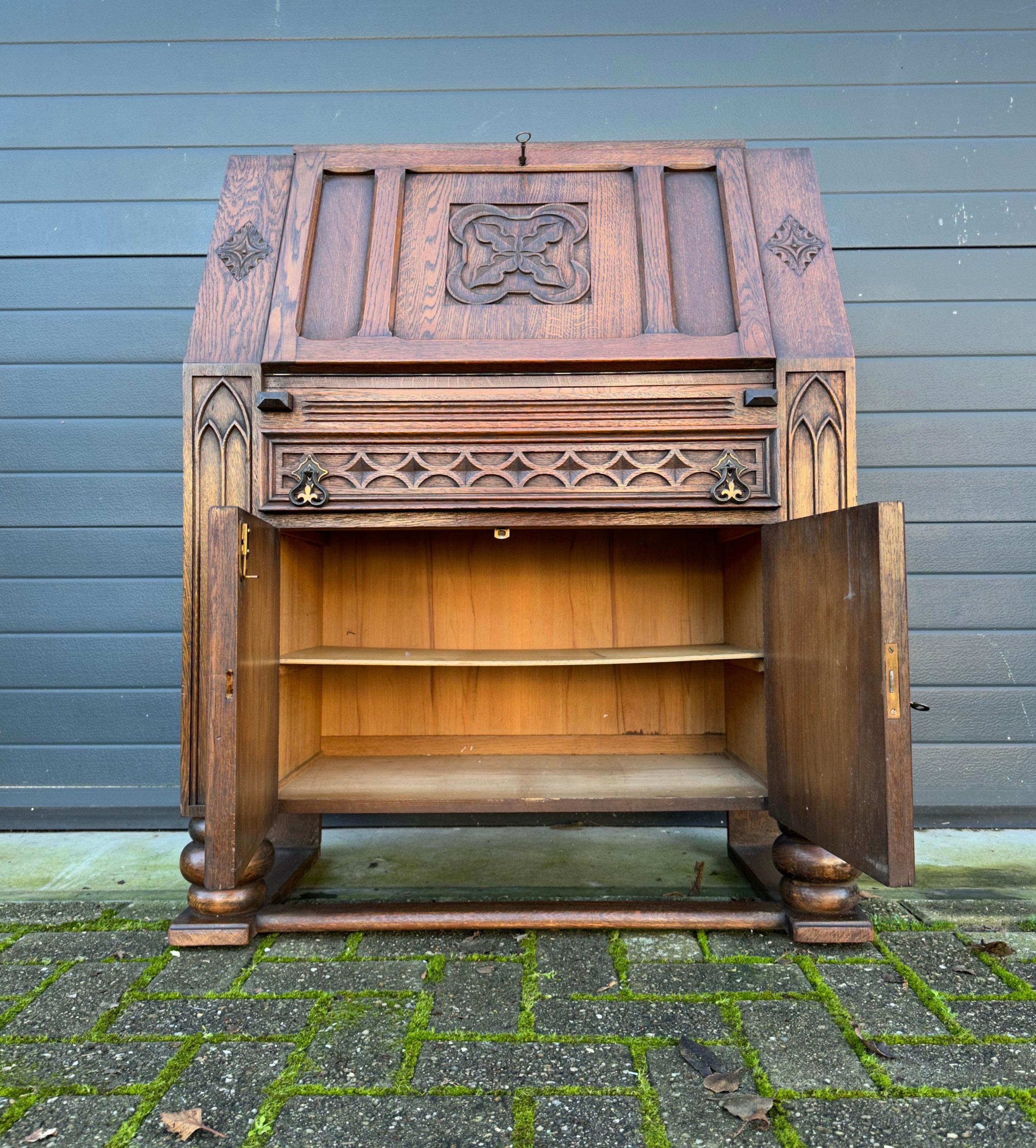 French Rare Gothic Revival Carved Oak Secretaire / Desk w. Church Window Panels & More For Sale