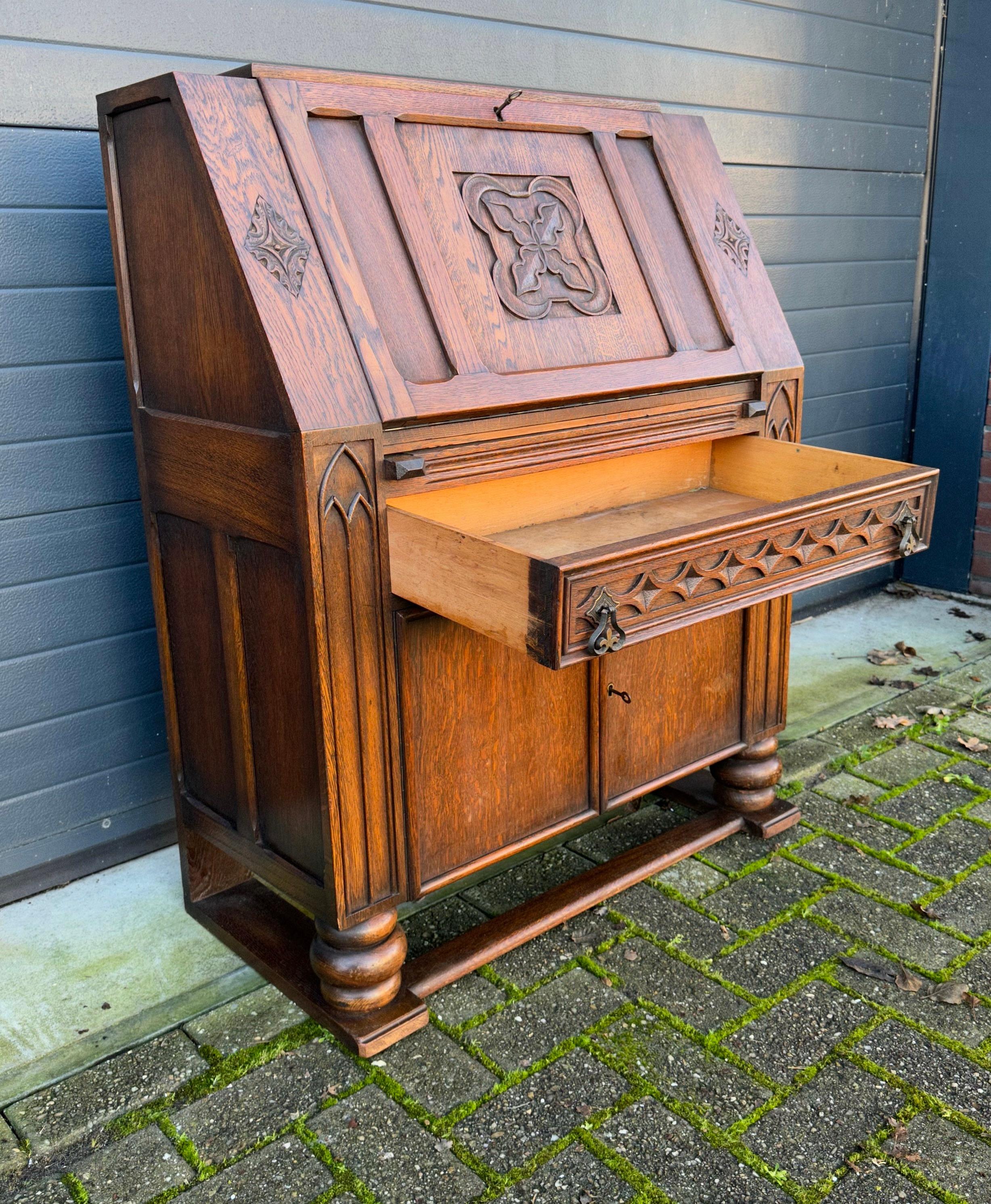 Patinated Rare Gothic Revival Carved Oak Secretaire / Desk w. Church Window Panels & More For Sale