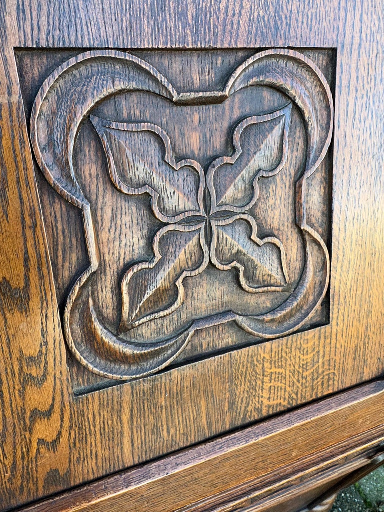 Rare Gothic Revival Carved Oak Secretaire / Desk w. Church Window Panels & More For Sale 1