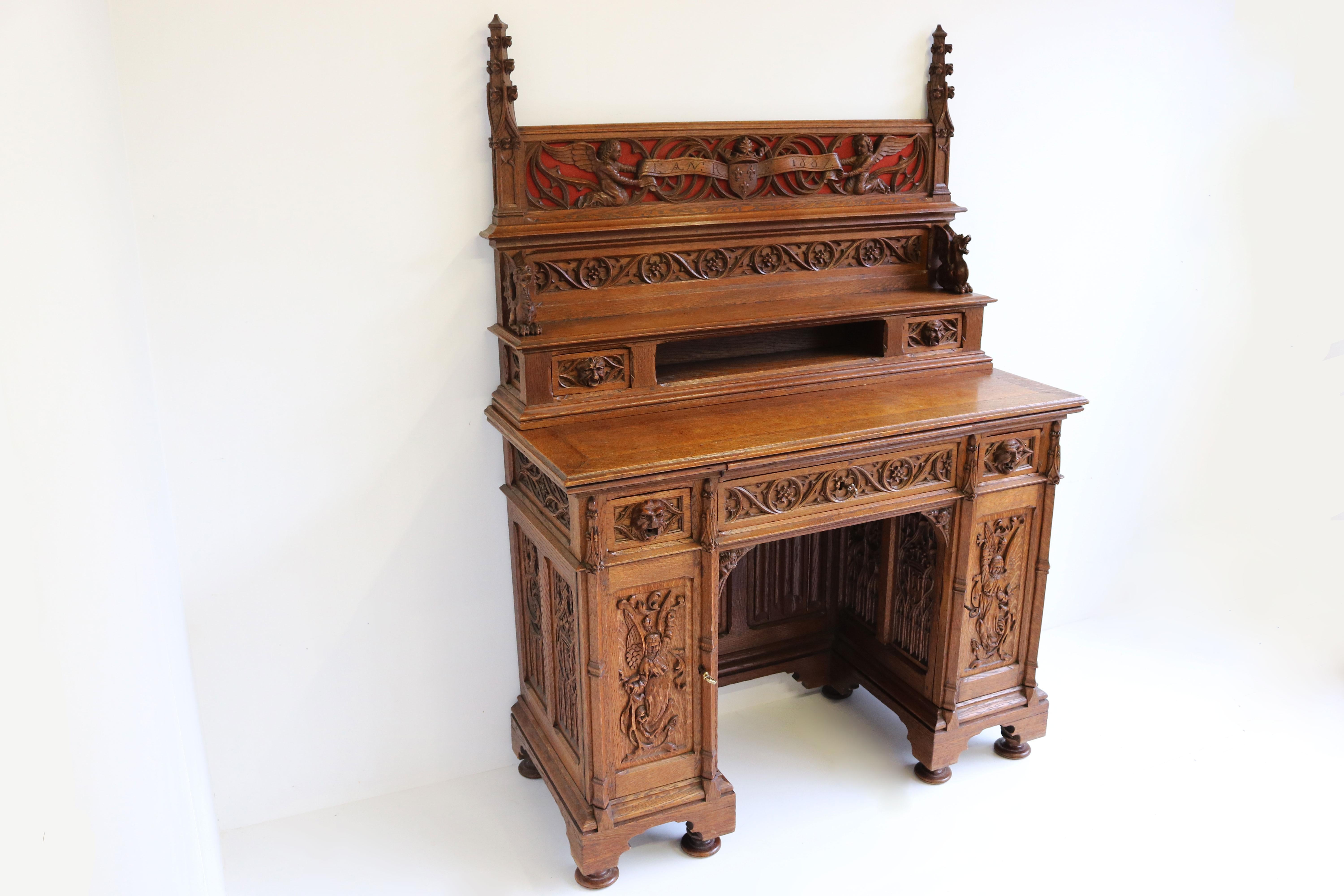 Velvet Rare Gothic Revival Writing Desk Carved Oak Antique 19th Century Angels Dragons For Sale
