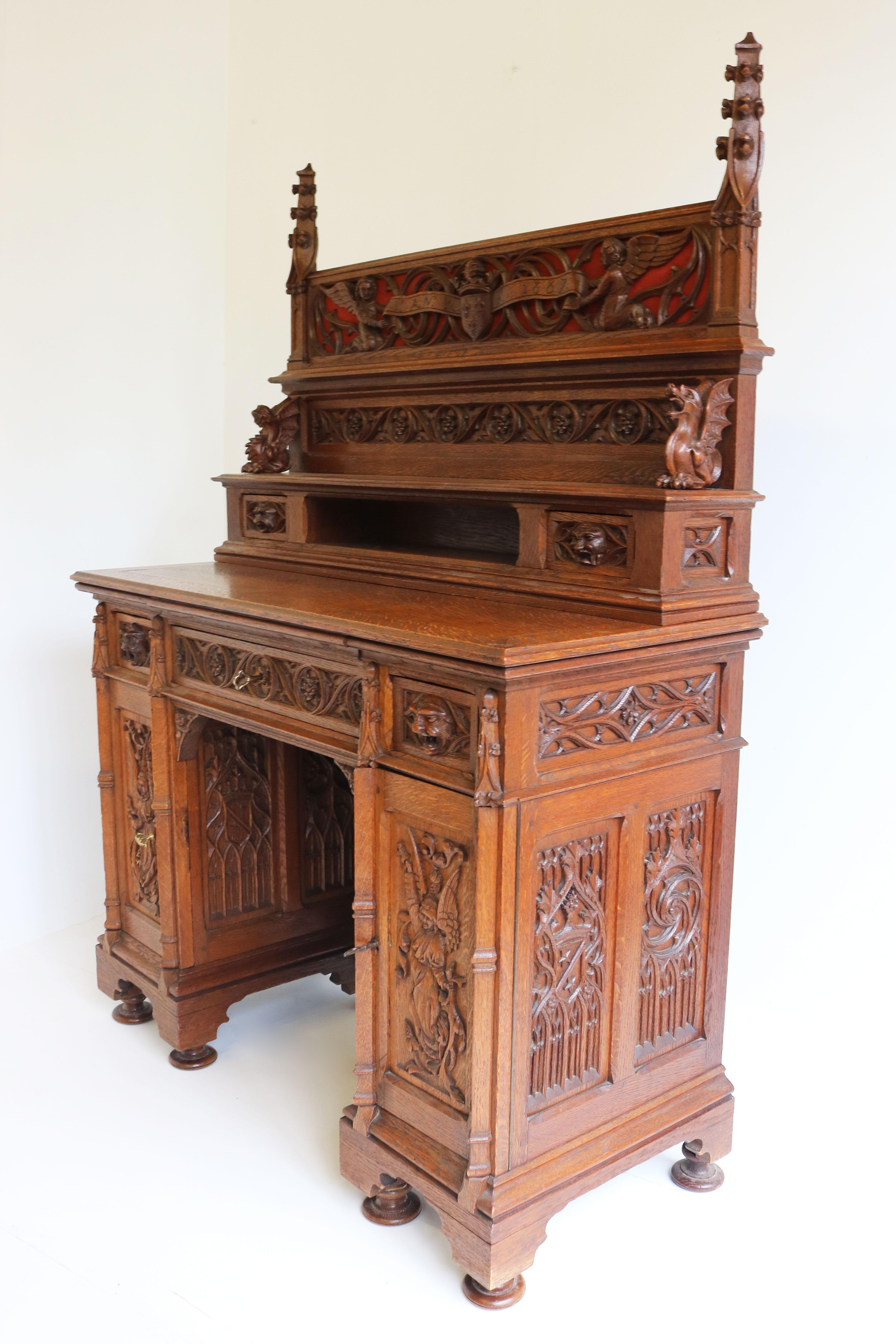 Rare Gothic Revival Writing Desk Carved Oak Antique 19th Century Angels Dragons For Sale 1