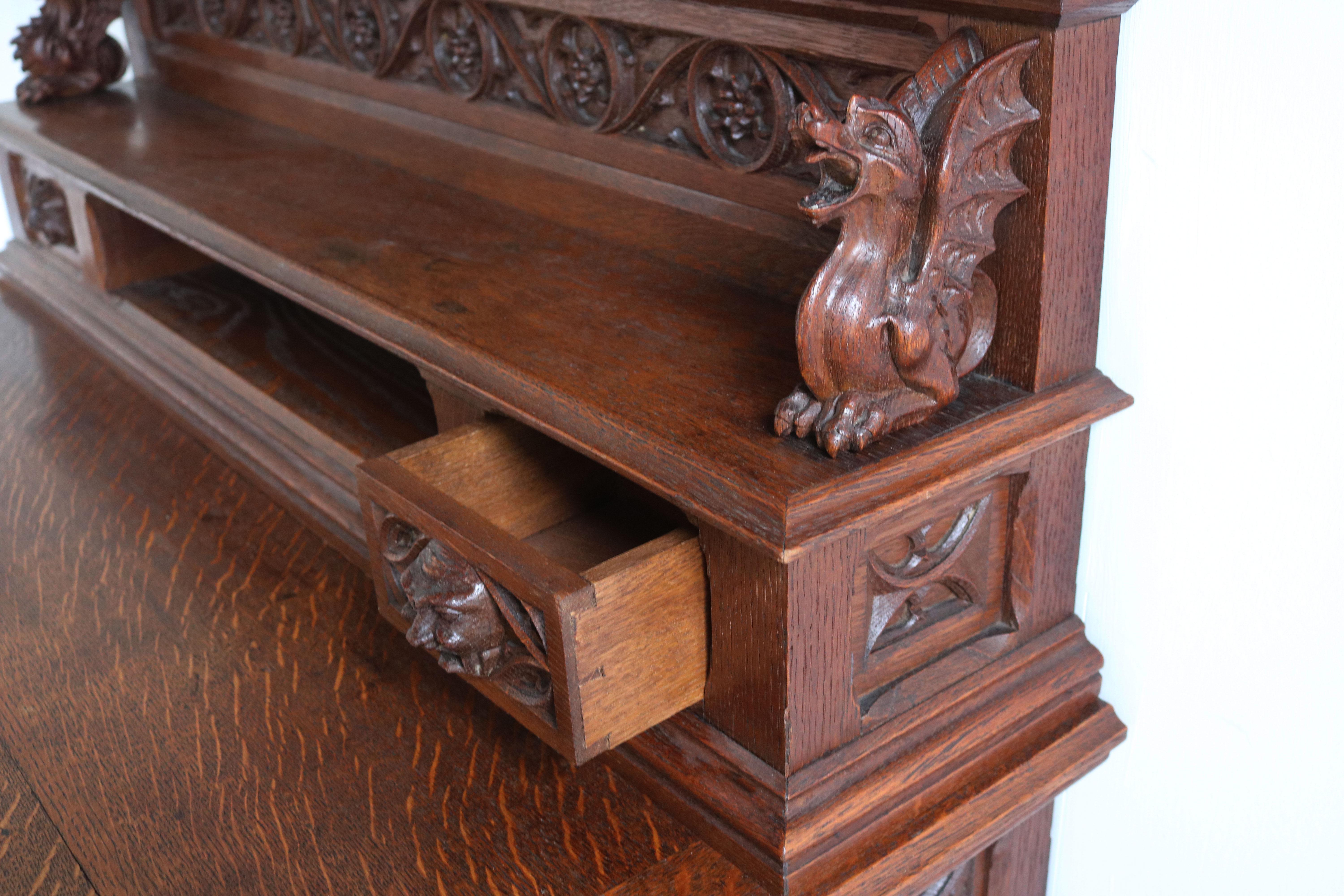 Rare Gothic Revival Writing Desk Carved Oak Antique 19th Century Angels Dragons For Sale 3