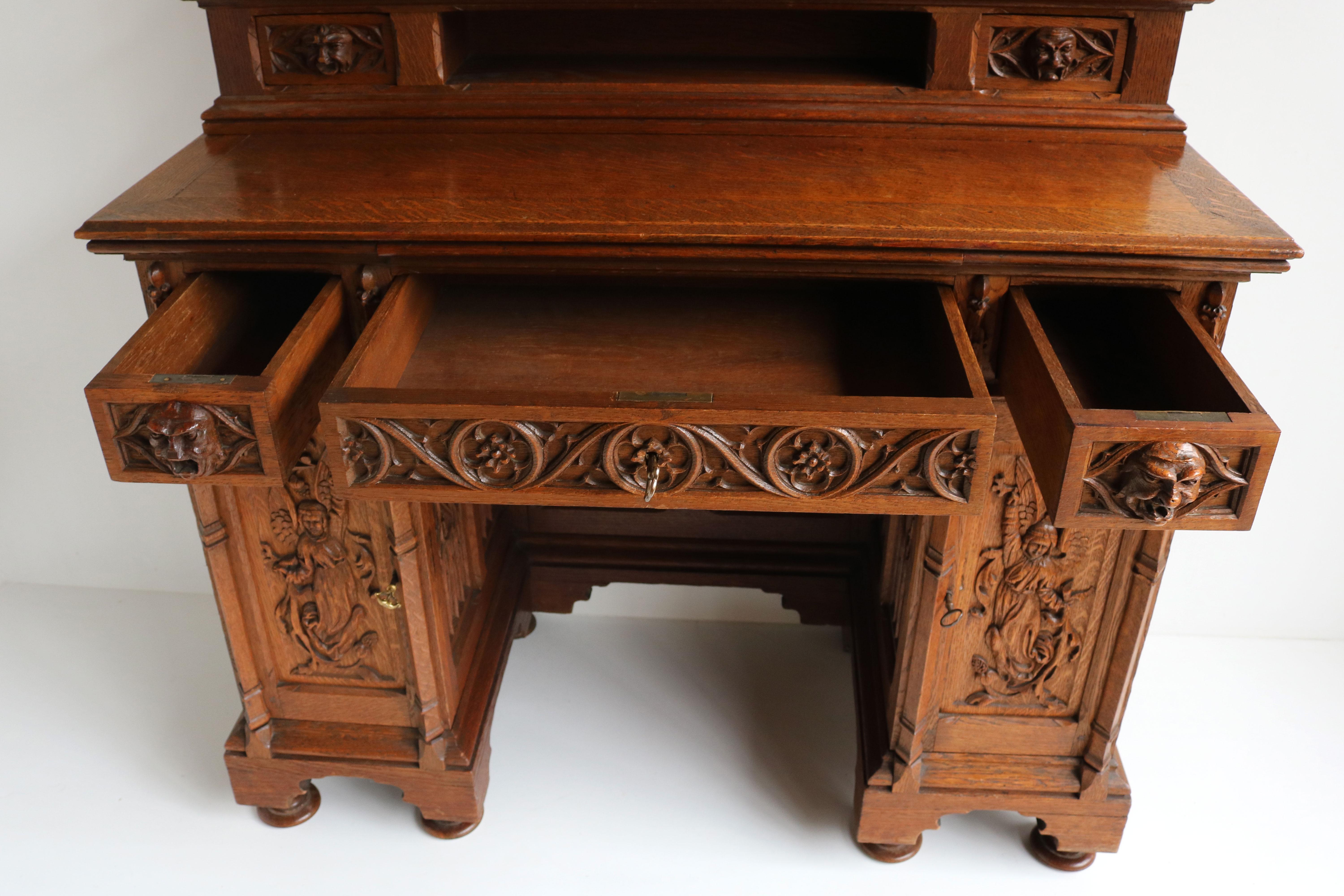 Rare Gothic Revival Writing Desk Carved Oak Antique 19th Century Angels Dragons For Sale 4