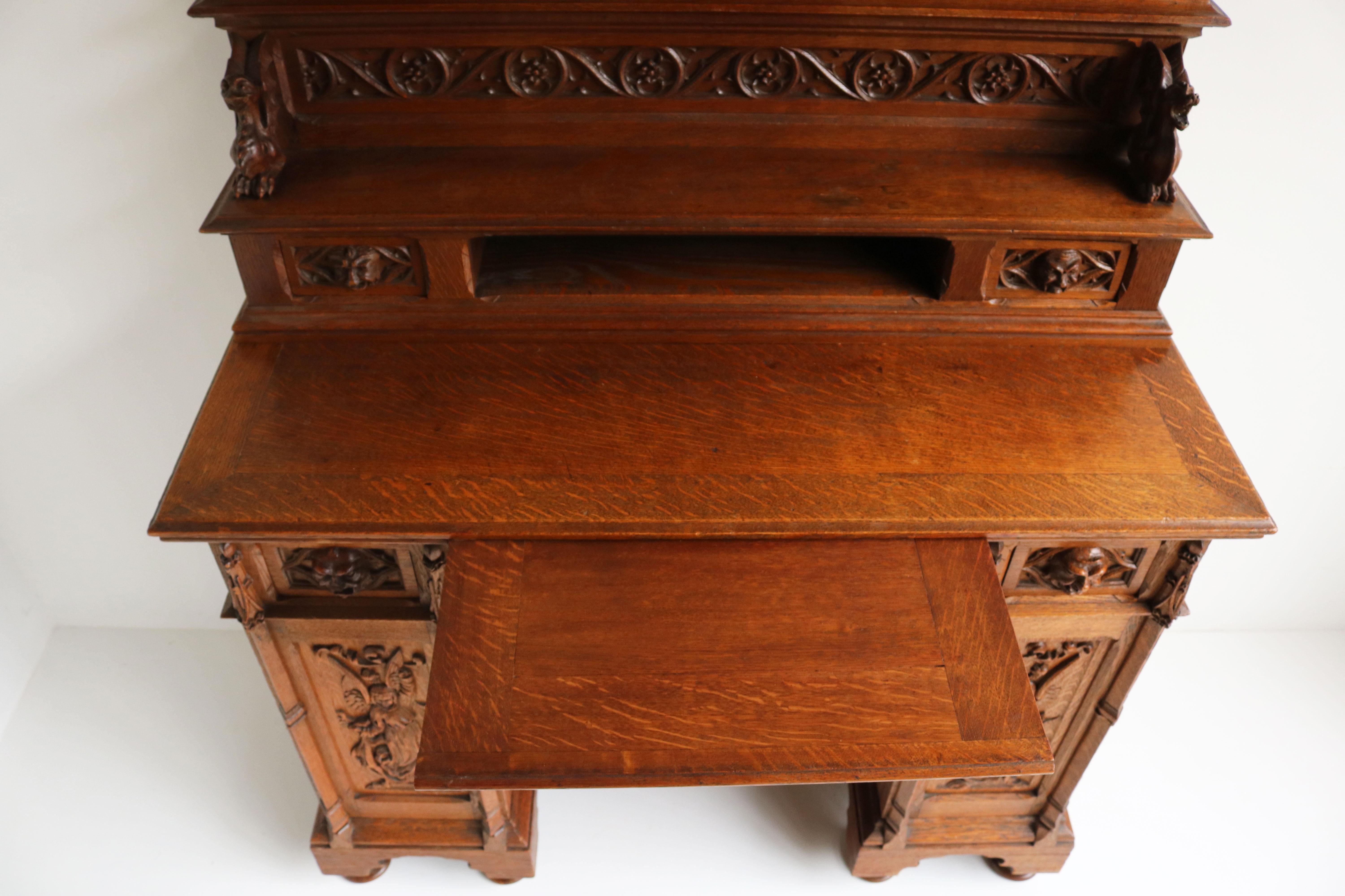 Rare Gothic Revival Writing Desk Carved Oak Antique 19th Century Angels Dragons For Sale 5