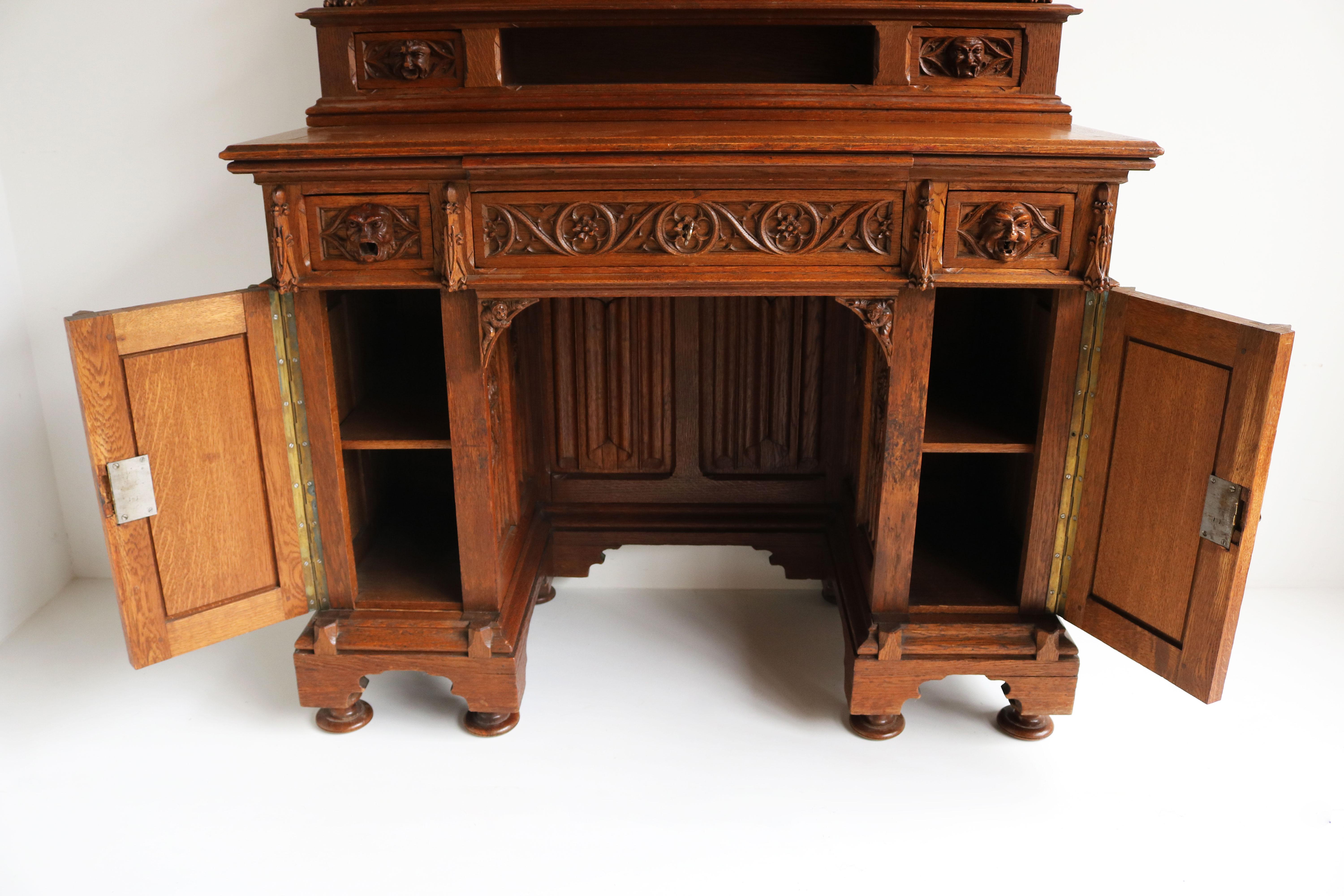 Rare Gothic Revival Writing Desk Carved Oak Antique 19th Century Angels Dragons For Sale 6