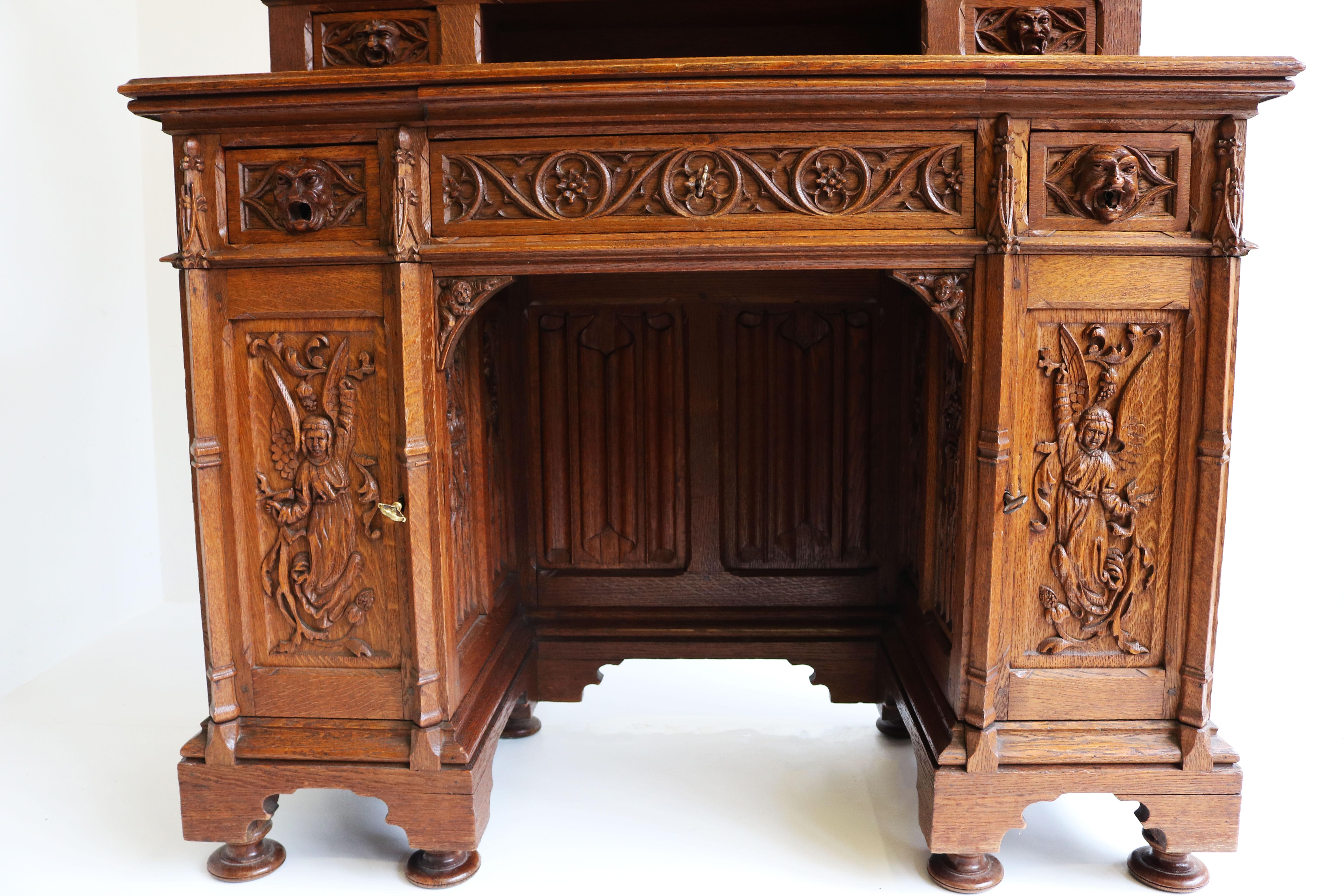 Rare Gothic Revival Writing Desk Carved Oak Antique 19th Century Angels Dragons For Sale 8