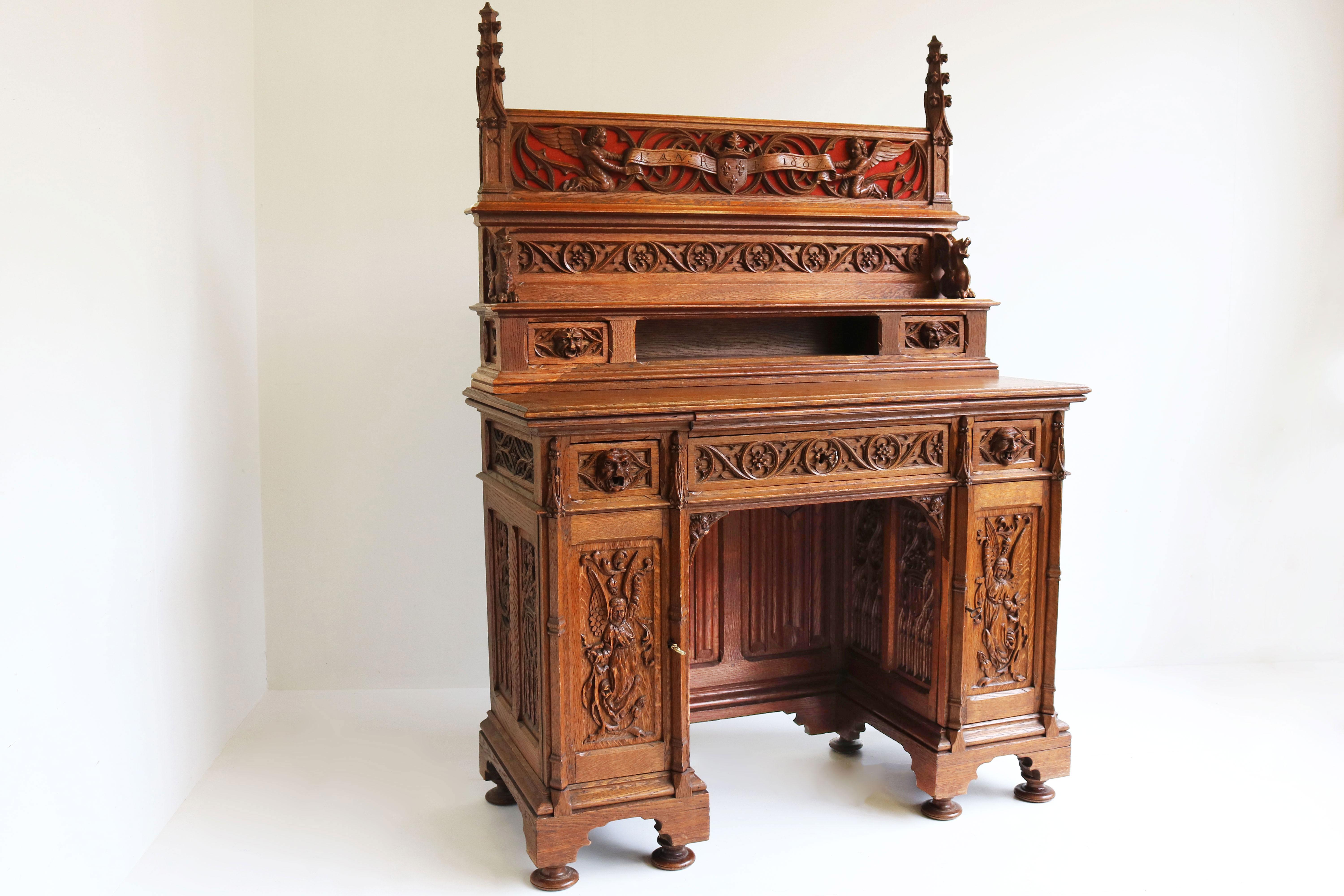 French Rare Gothic Revival Writing Desk Carved Oak Antique 19th Century Angels Dragons For Sale