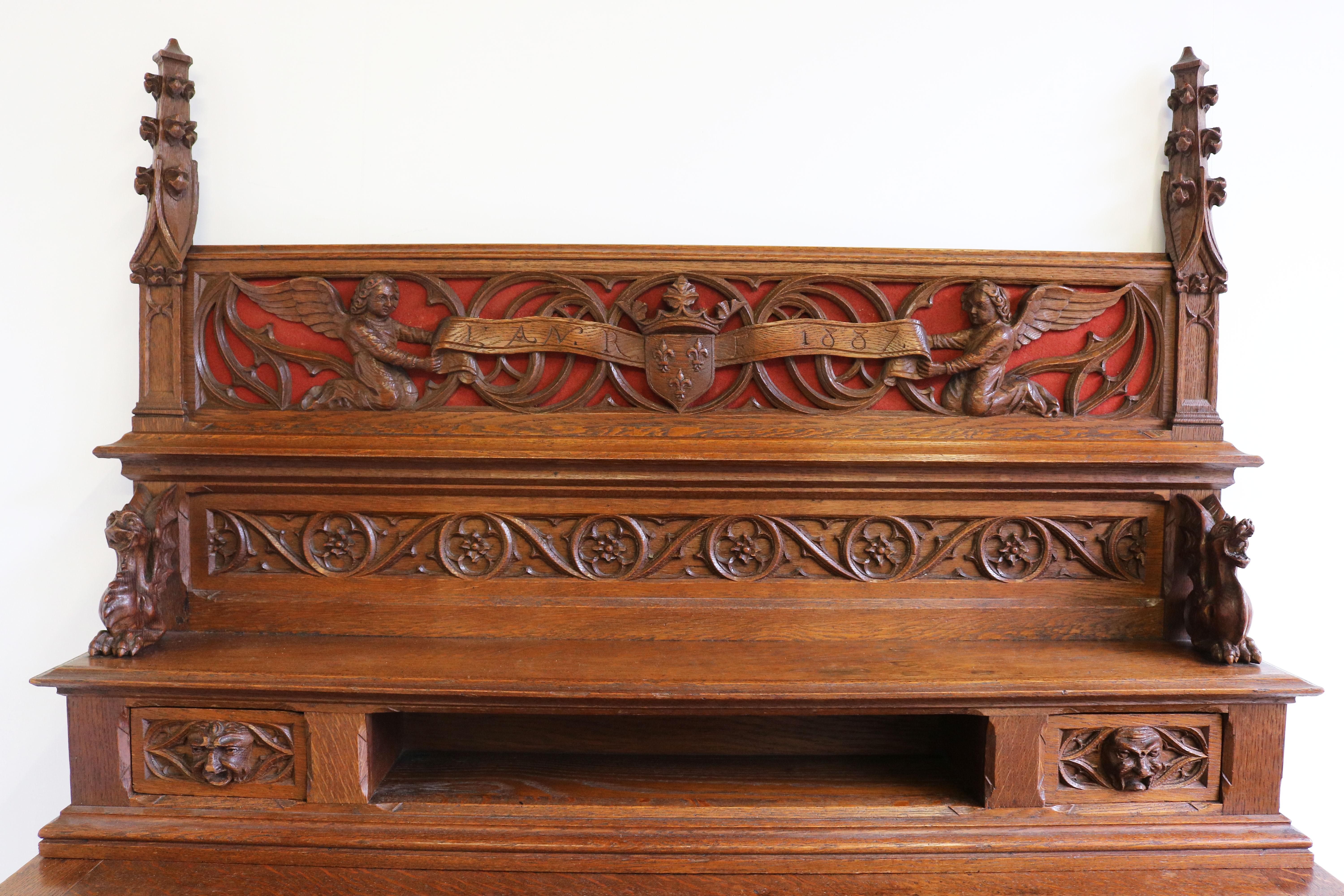 Hand-Carved Rare Gothic Revival Writing Desk Carved Oak Antique 19th Century Angels Dragons For Sale