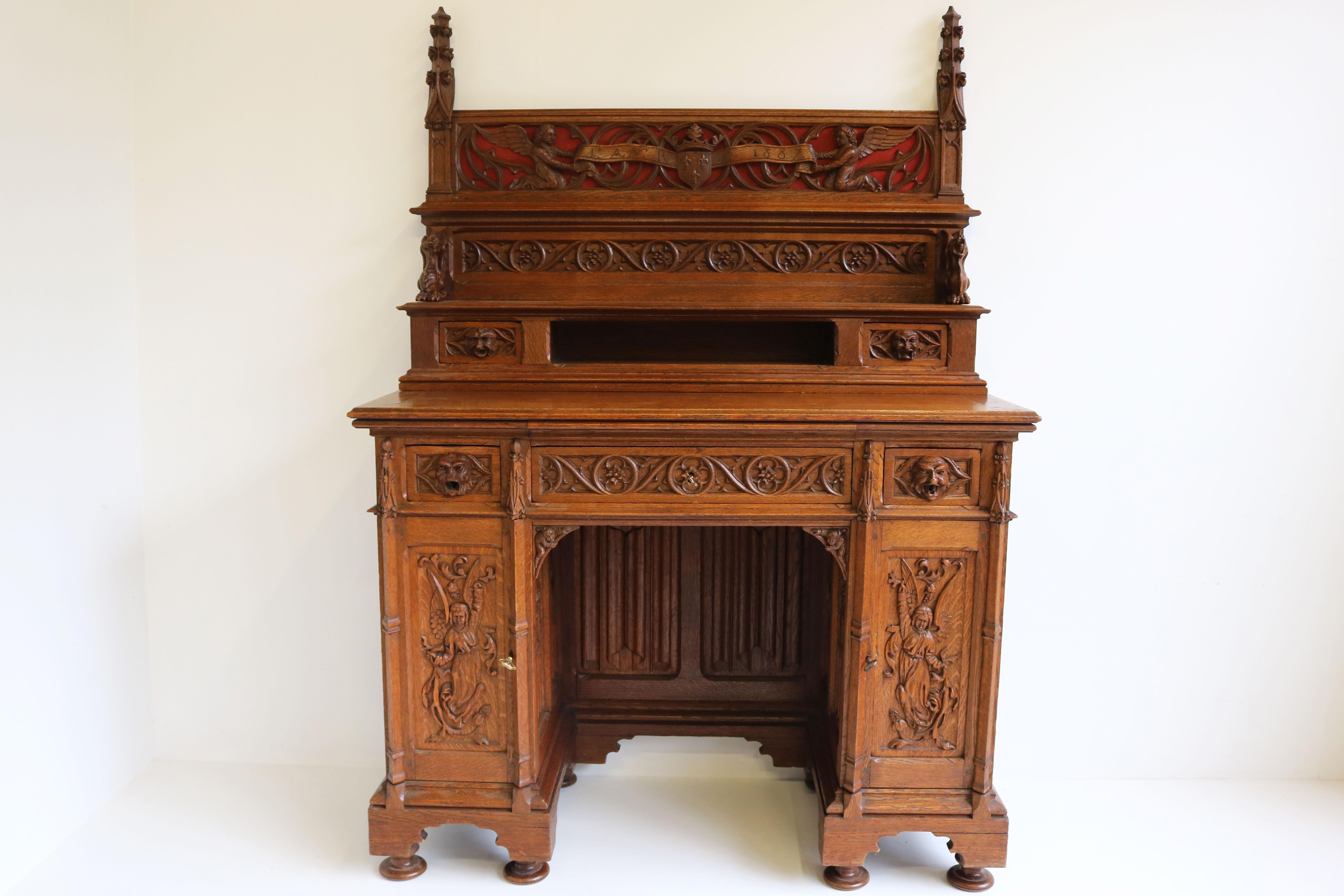 Late 19th Century Rare Gothic Revival Writing Desk Carved Oak Antique 19th Century Angels Dragons For Sale