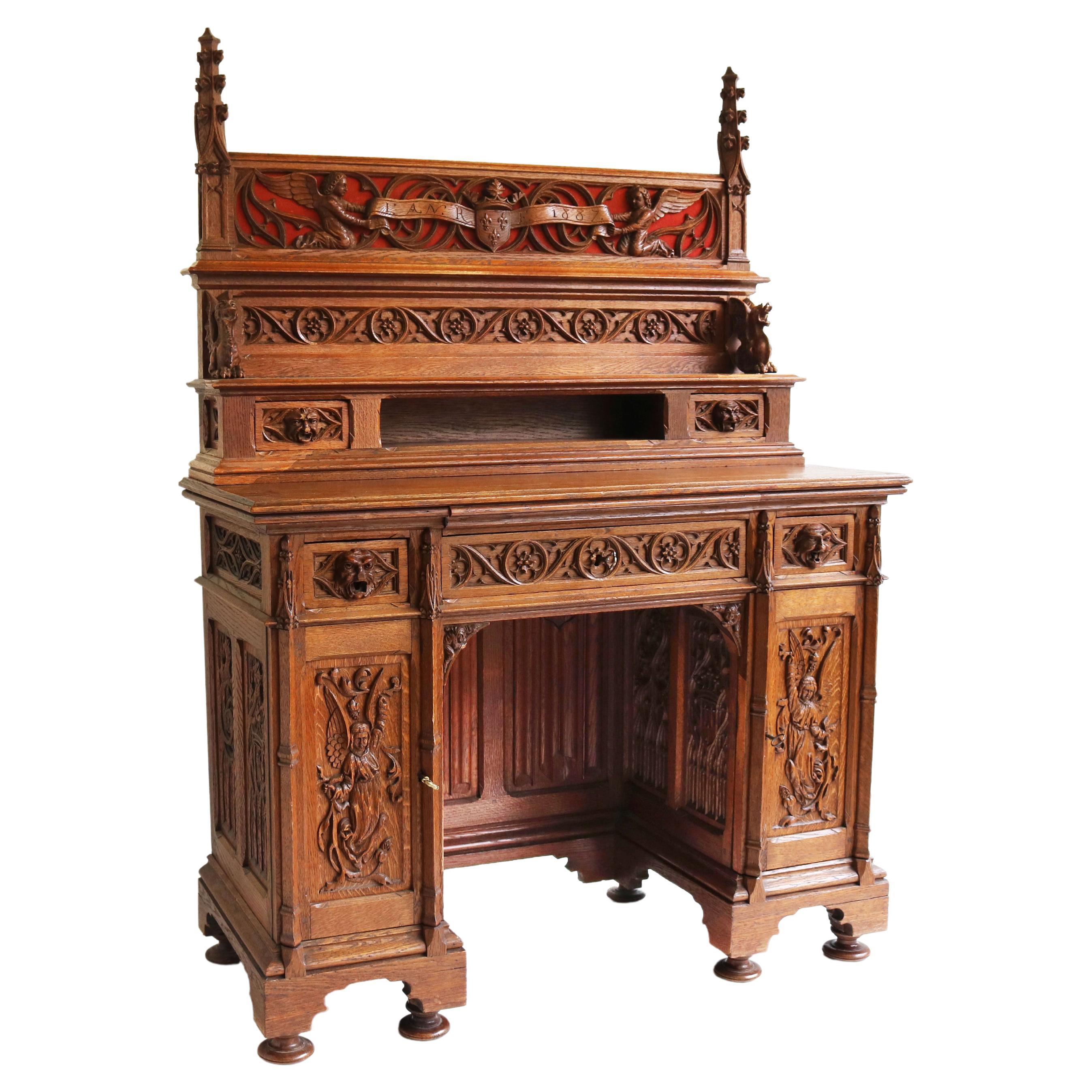 Rare Gothic Revival Writing Desk Carved Oak Antique 19th Century Angels Dragons
