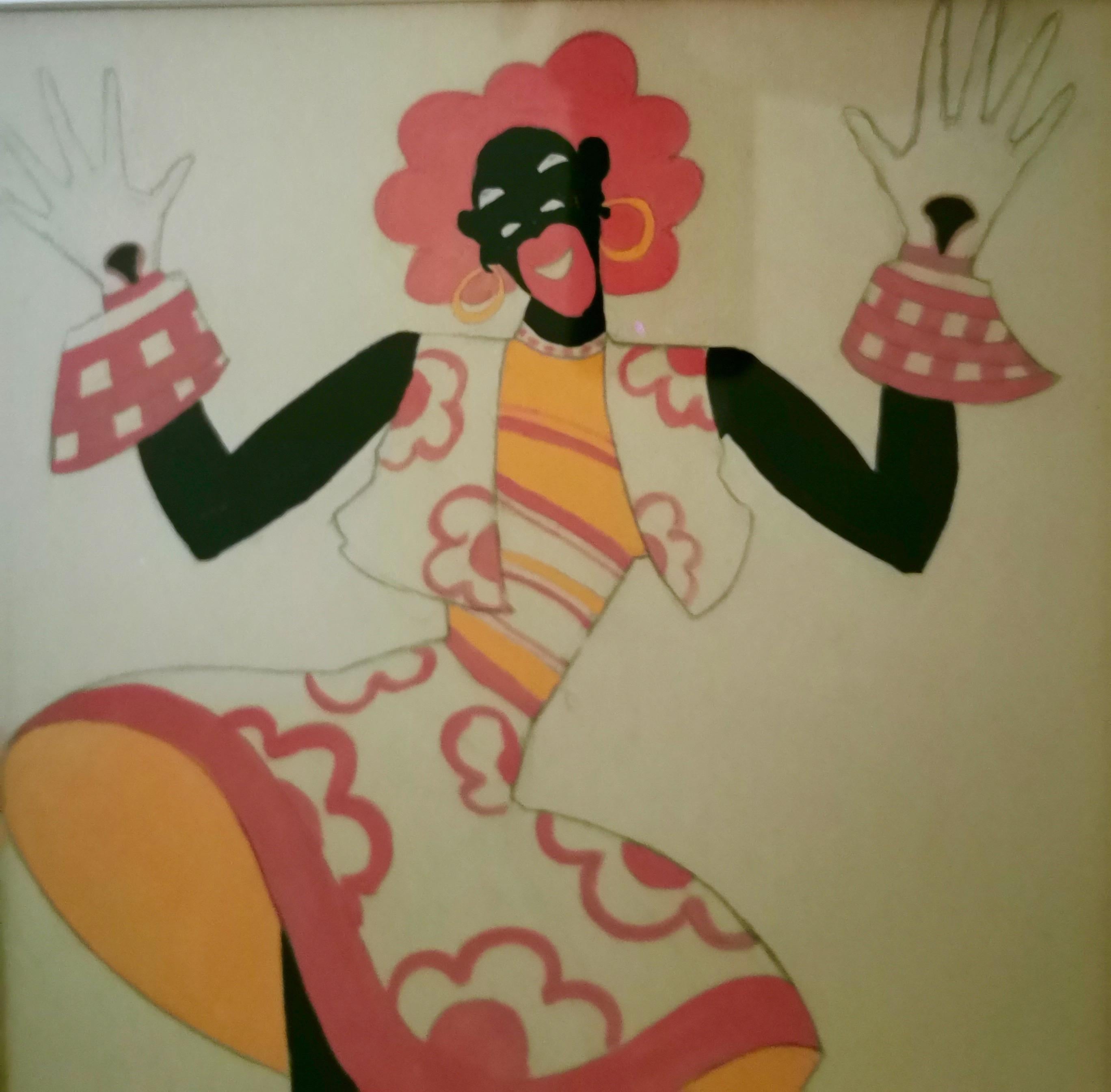 Brown Rare Gouache Black Fashion Illustrations by Oakey 60s/70s For Sale