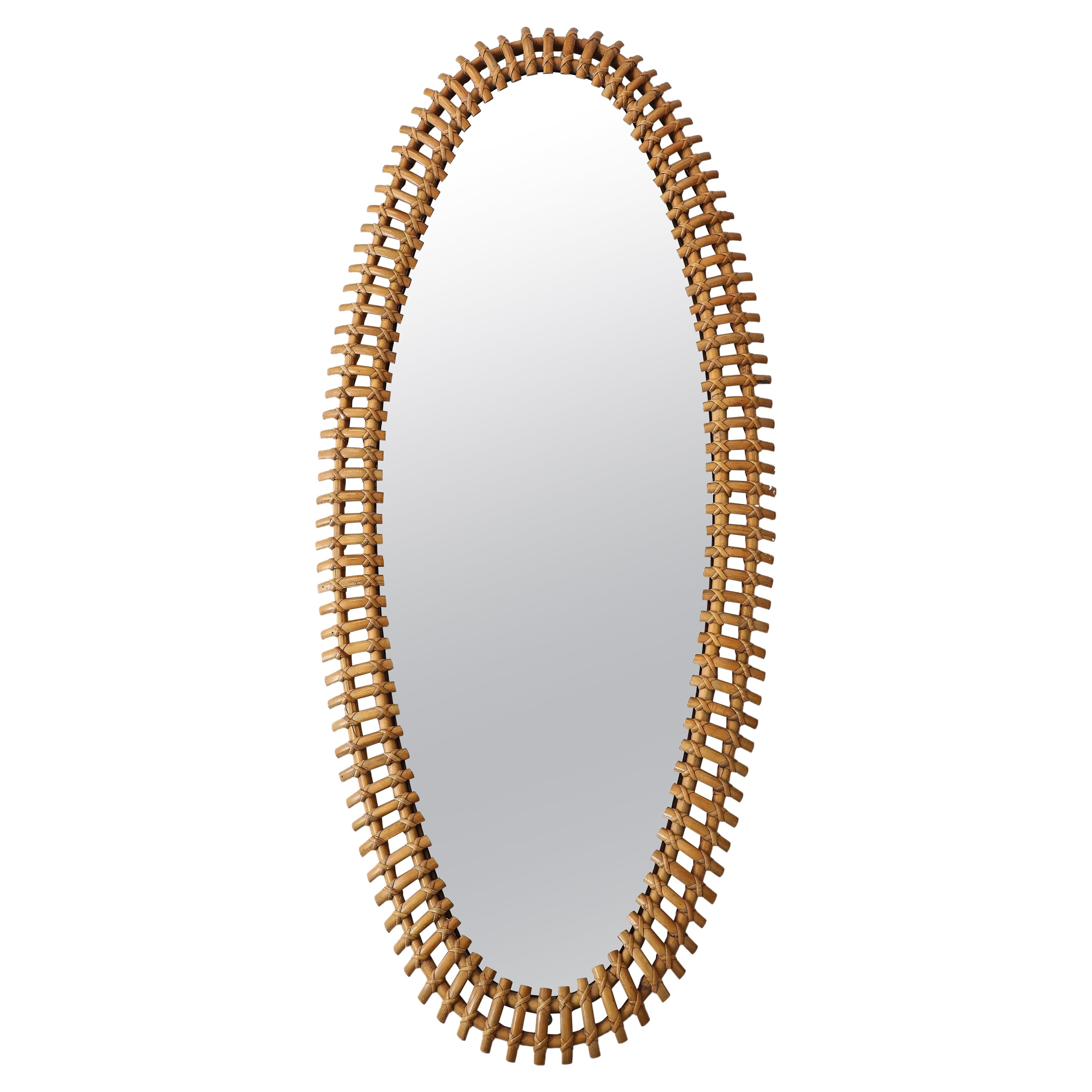Rare Grand Scale Oval Bamboo and Rattan Wall Mirror, 1960s