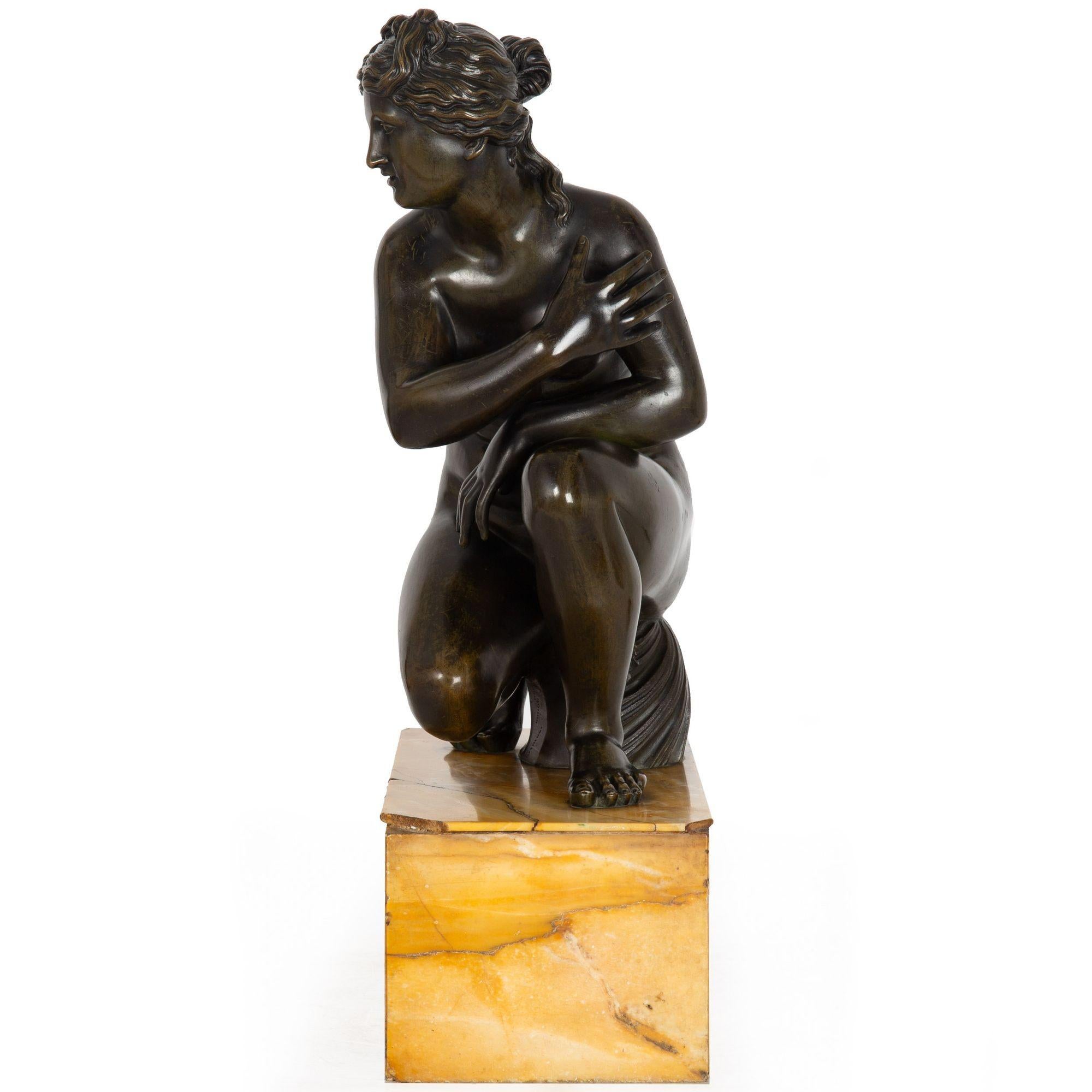 19th Century Rare Grand Tour Italian Antique Bronze Sculpture “Crouching Venus” circa 1850