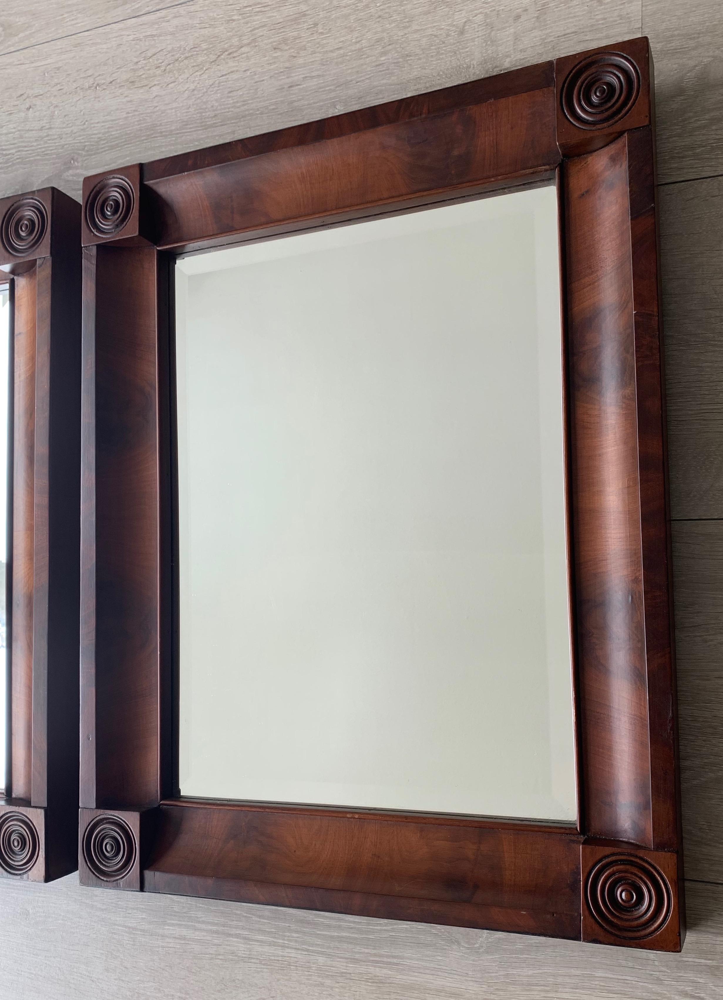 Hand-Crafted Rare and Great Condition Pair of Early 1800s Empire Style Nutwood Wall Mirrors