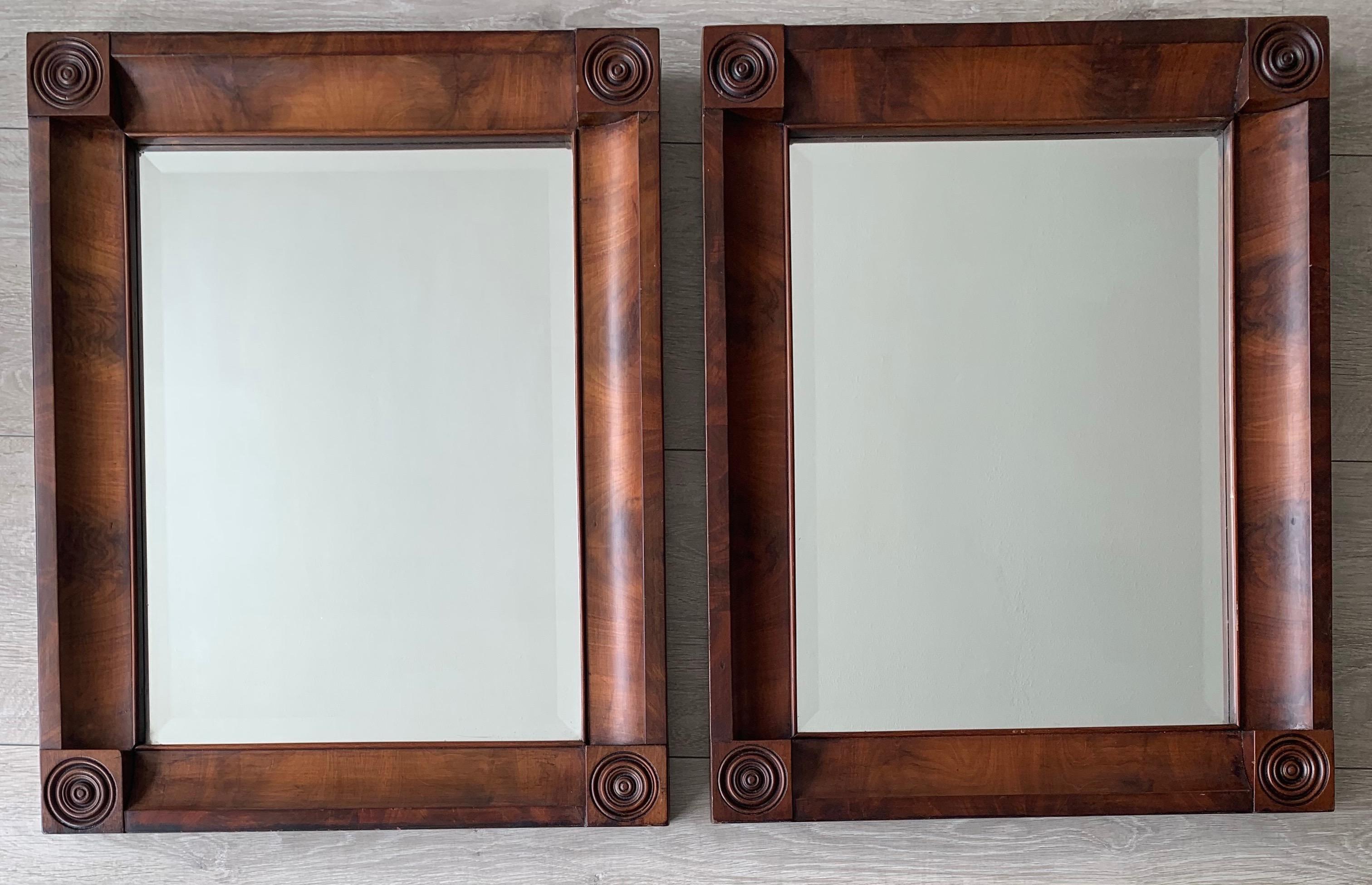 19th Century Rare and Great Condition Pair of Early 1800s Empire Style Nutwood Wall Mirrors