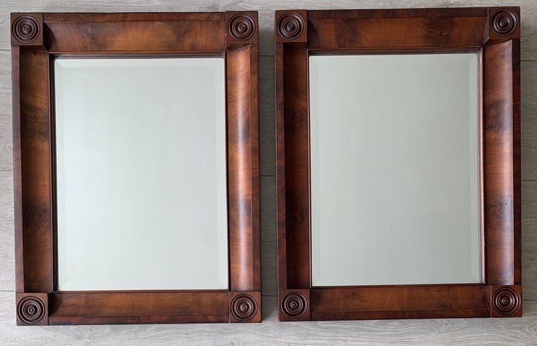 19th Century Rare and Great Condition Pair of Early 1800s Empire Style Nutwood Wall Mirrors For Sale