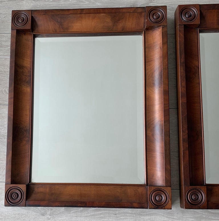 Rare and Great Condition Pair of Early 1800s Empire Style Nutwood Wall Mirrors For Sale 2