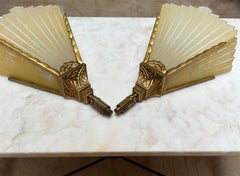 Rare & Great Pair of Art Deco Era, Fan Design Gilt Bronze & Glass Wall Sconces