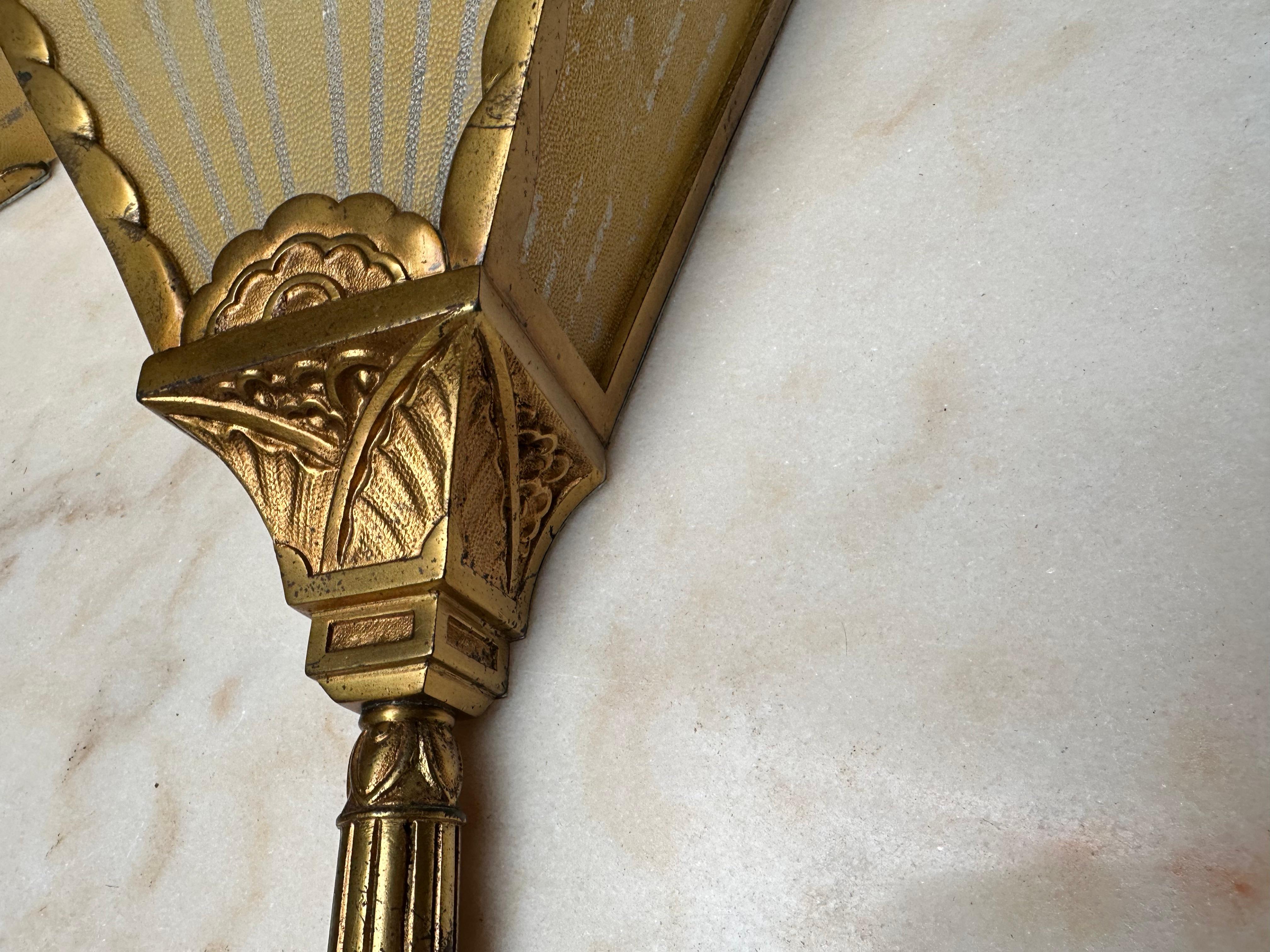 20th Century Rare & Great Pair of Art Deco Era, Fan Design Gilt Bronze & Glass Wall Sconces  For Sale