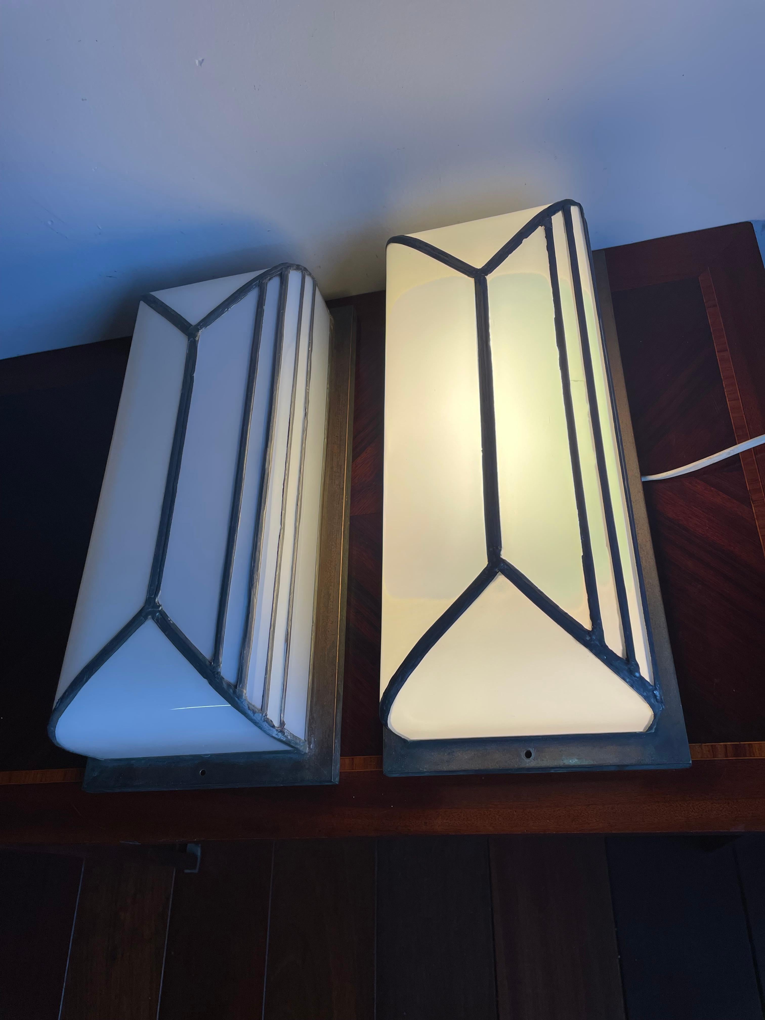 Rare & Great Pair of Art Deco Opaline Glass Flush Mounts or Wall Sconces 1920s  For Sale 5