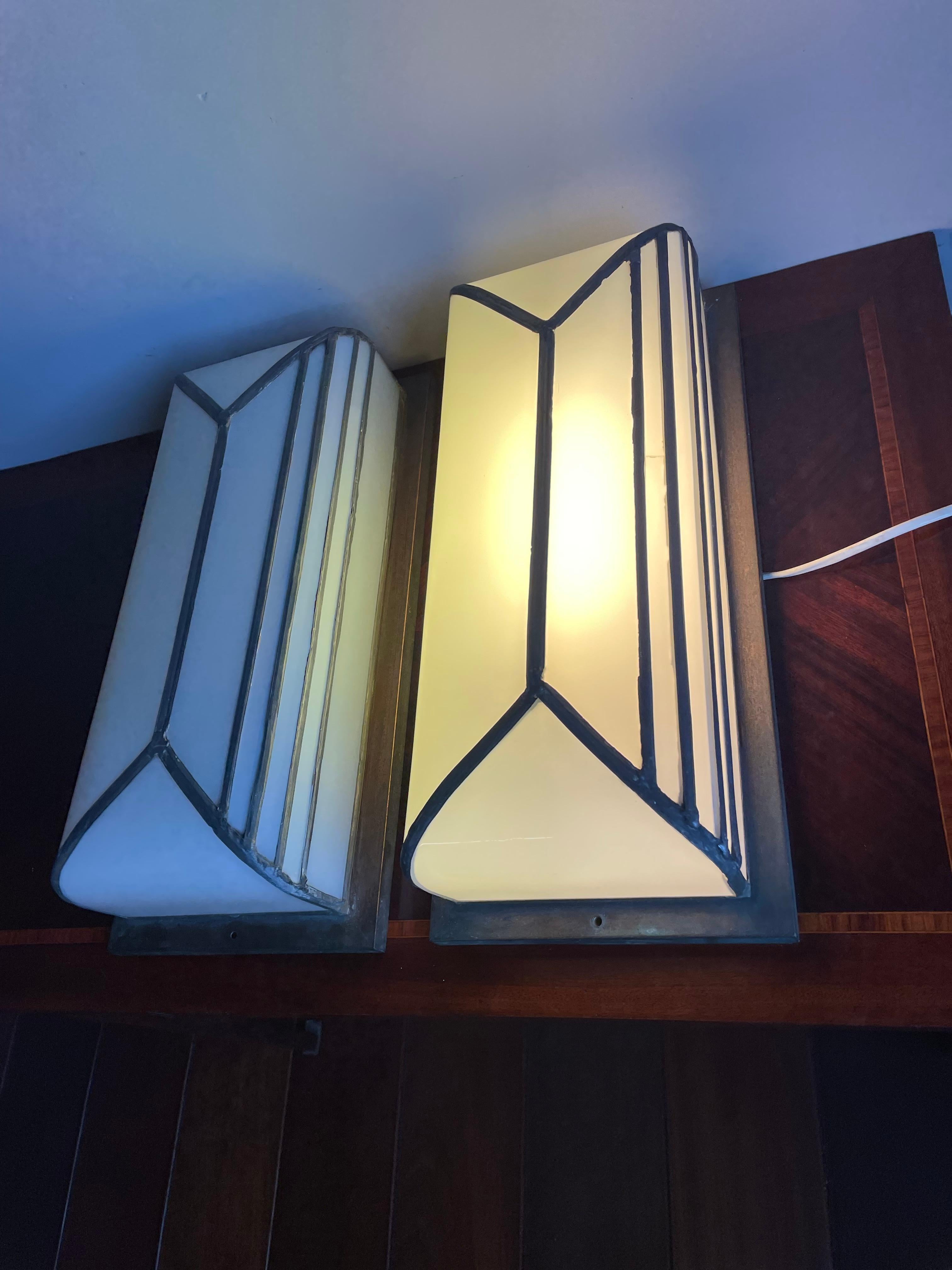 Rare & Great Pair of Art Deco Opaline Glass Flush Mounts or Wall Sconces 1920s  For Sale 11