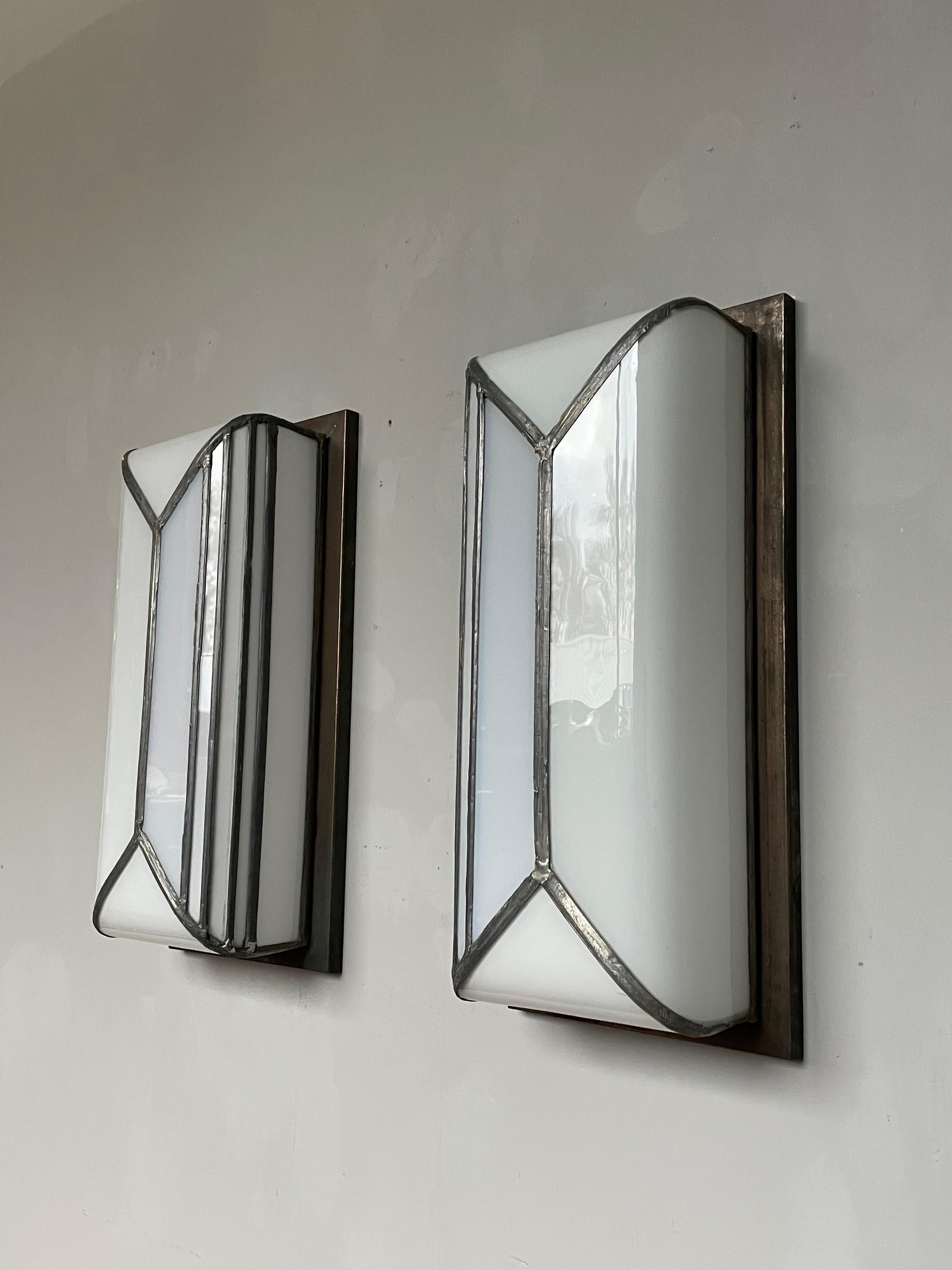 European Rare & Great Pair of Art Deco Opaline Glass Flush Mounts or Wall Sconces 1920s
