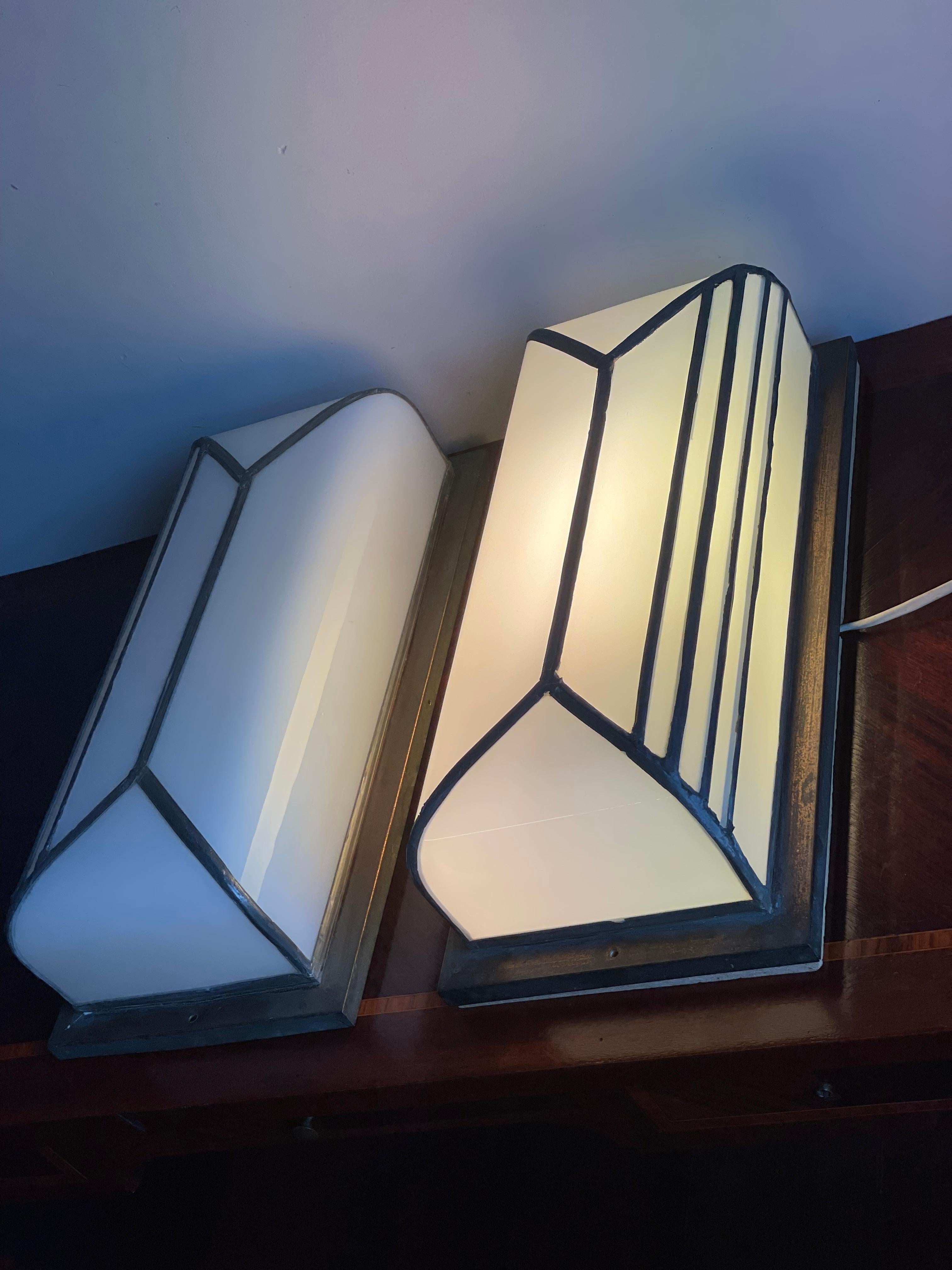 Bronzed Rare & Great Pair of Art Deco Opaline Glass Flush Mounts or Wall Sconces 1920s