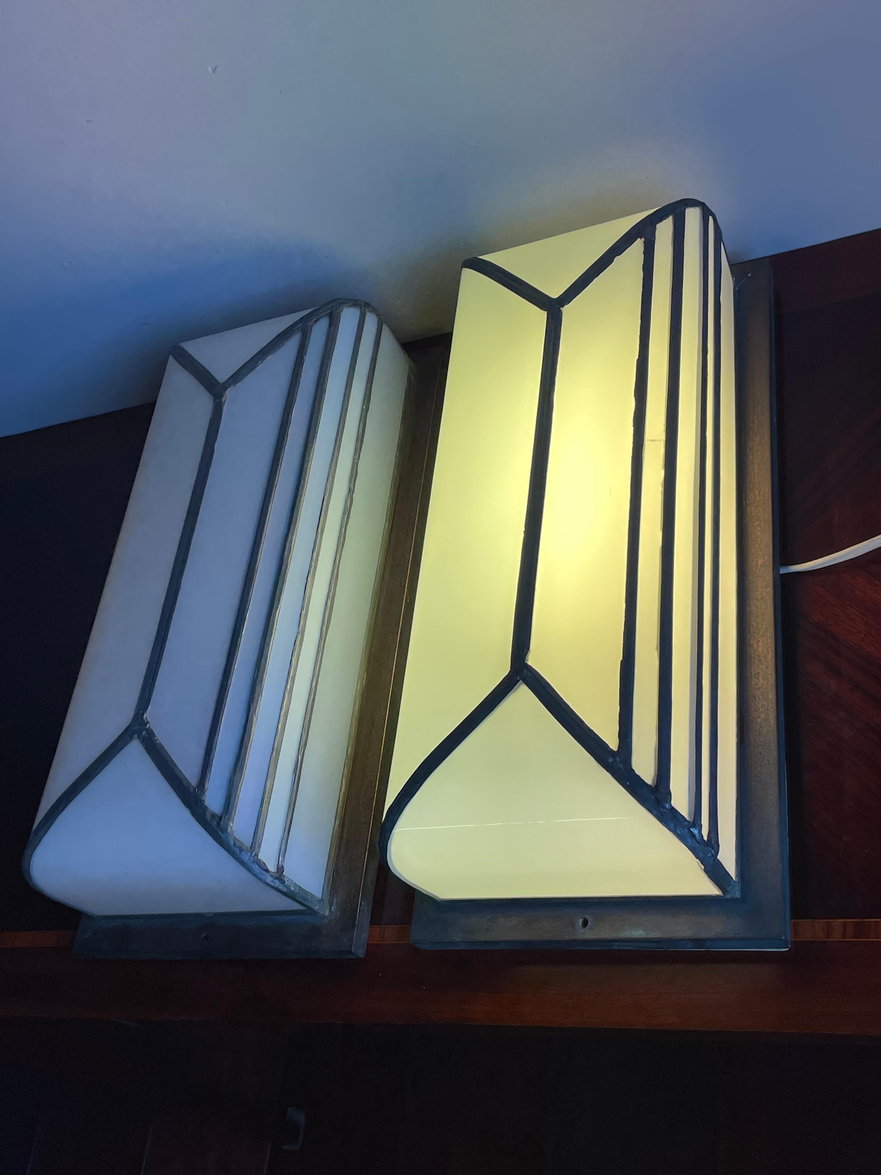 Rare & Great Pair of Art Deco Opaline Glass Flush Mounts or Wall Sconces 1920s  For Sale 1