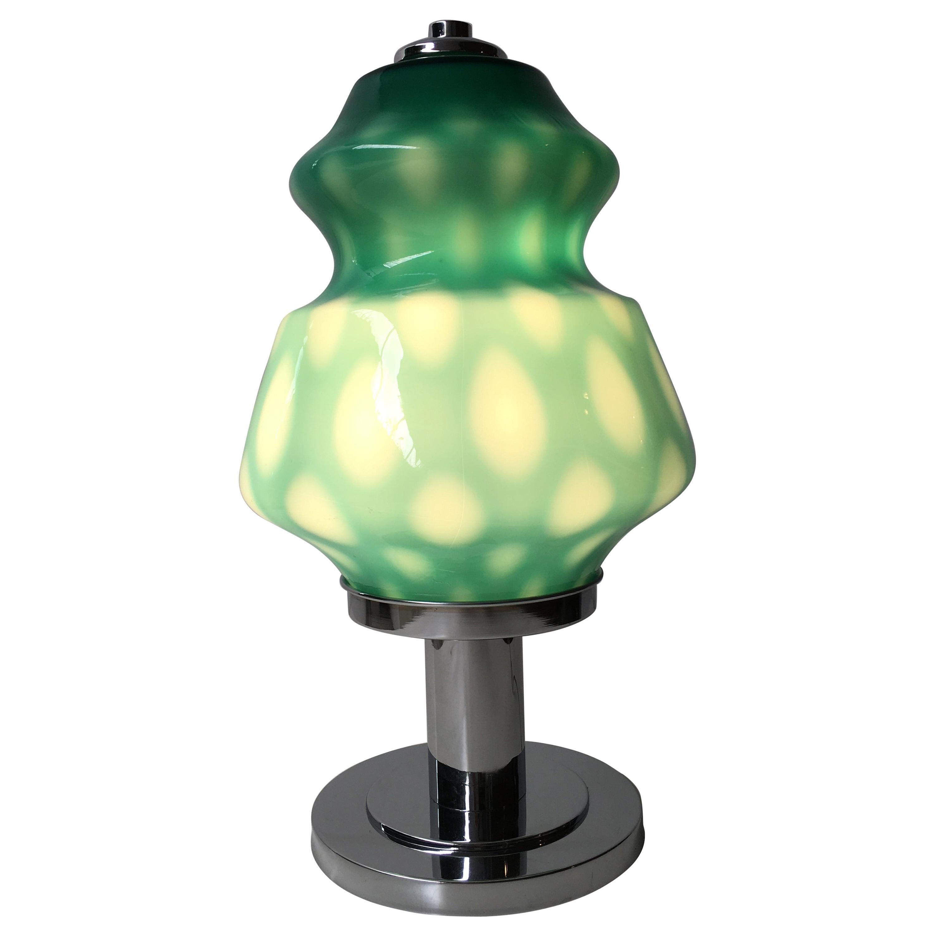 Rare Green and White Opaline Glass Table Lamp, 1970s For Sale