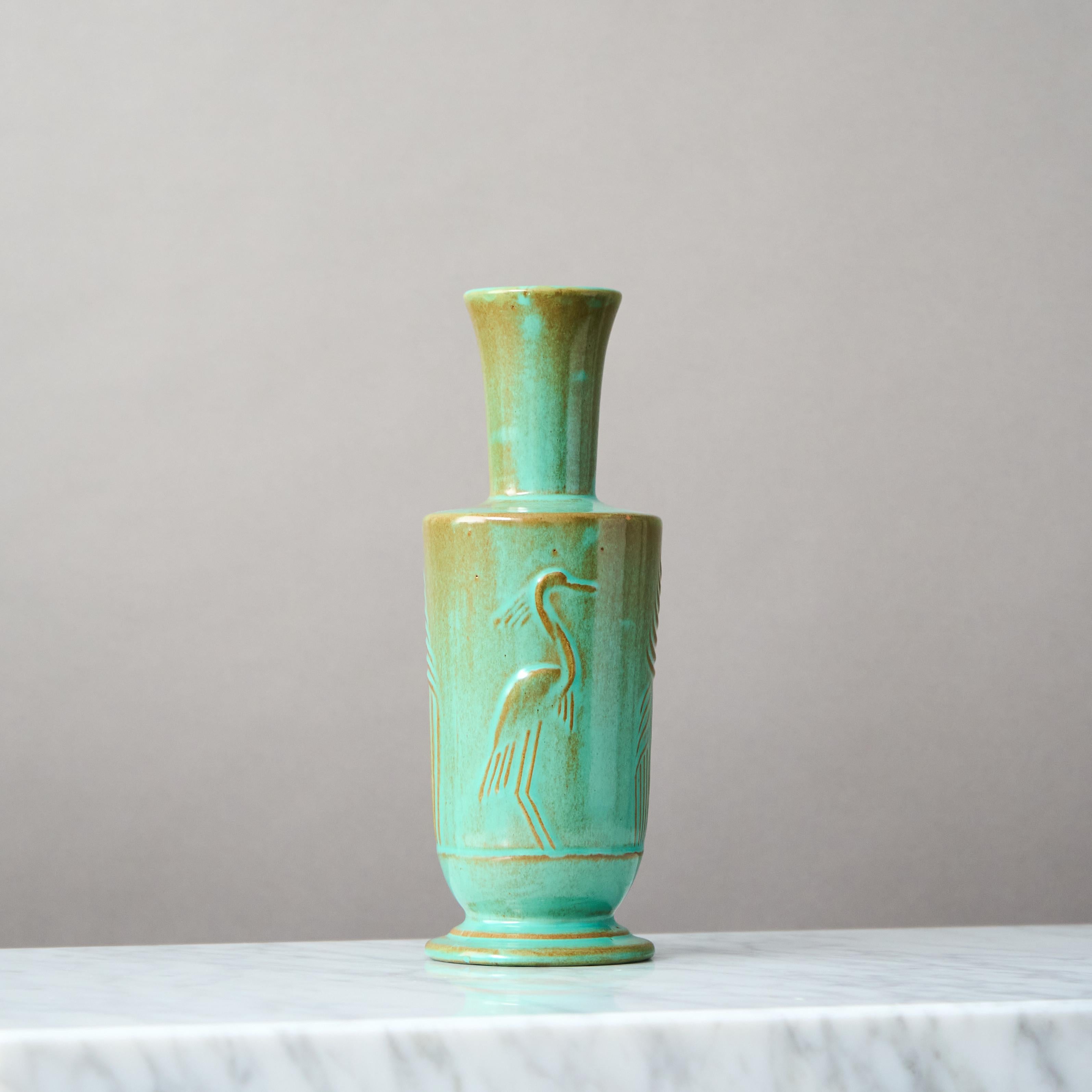 Swedish Rare Green Art Deco Ceramic Vase by Ewald Dahlskog, Bo Fajans, Sweden, 1930. For Sale