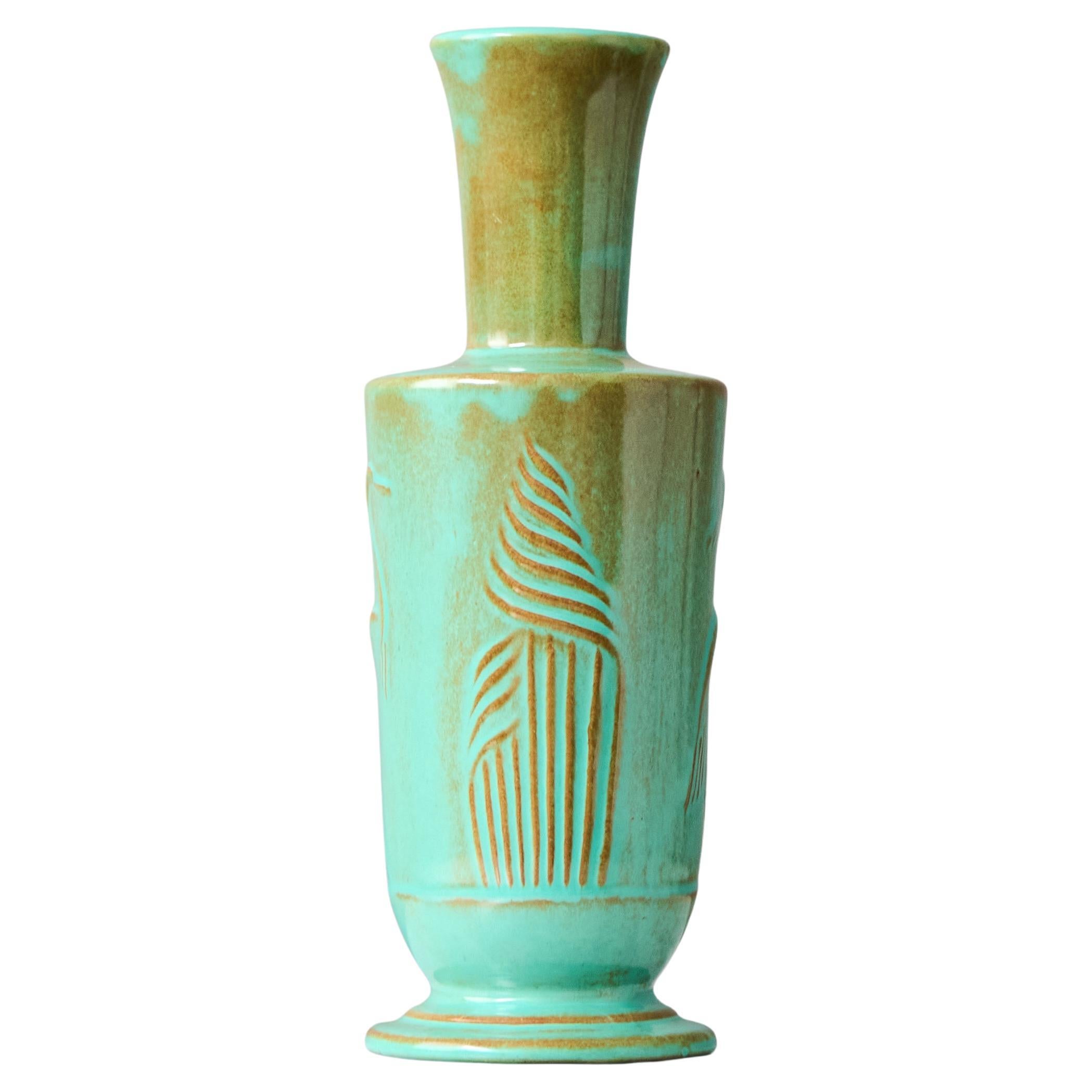 Rare Green Art Deco Ceramic Vase by Ewald Dahlskog, Bo Fajans, Sweden, 1930. For Sale