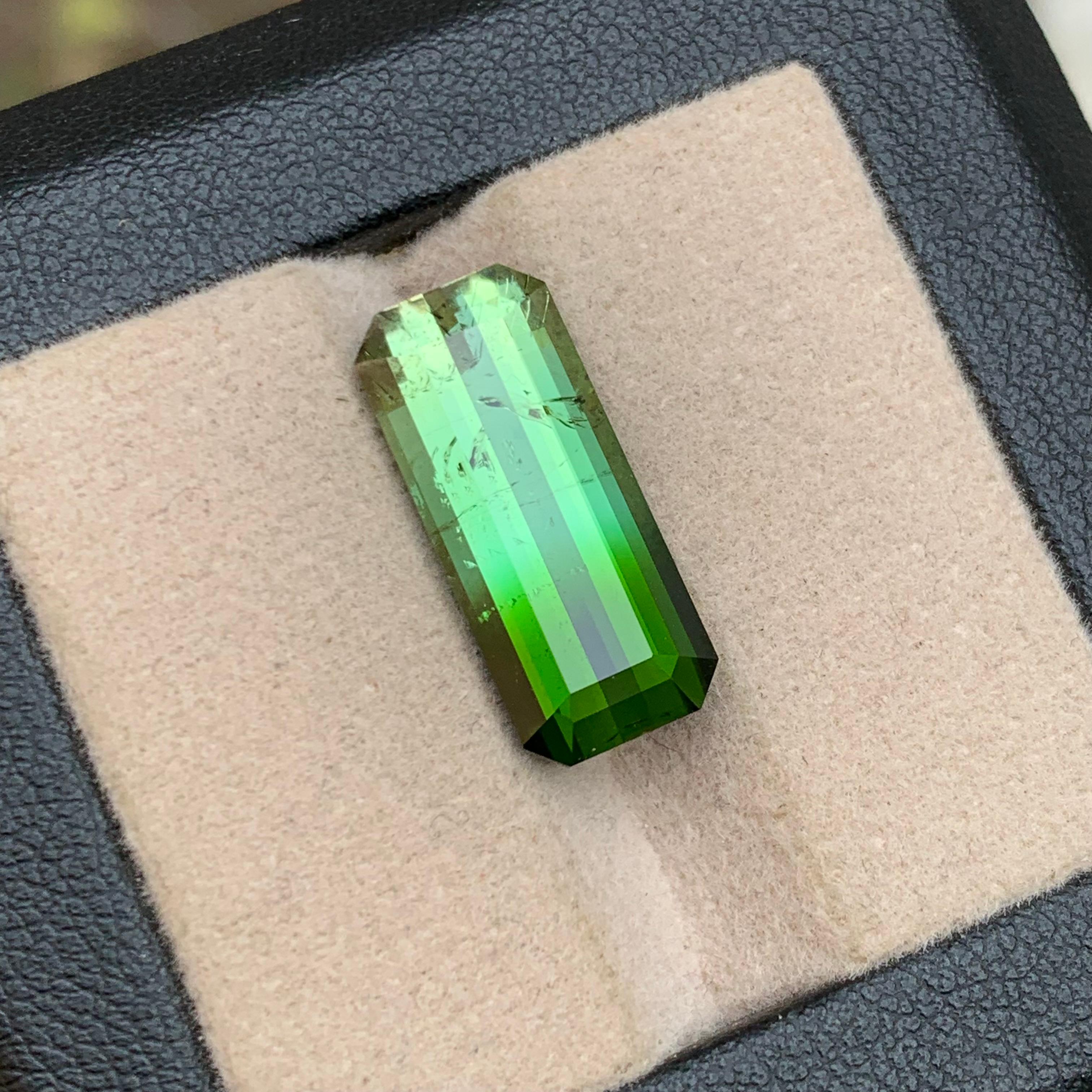 Women's or Men's Rare Green Bicolor Natural Tourmaline Gemstone, 9.85 Carat Elongated Emerald Cut For Sale