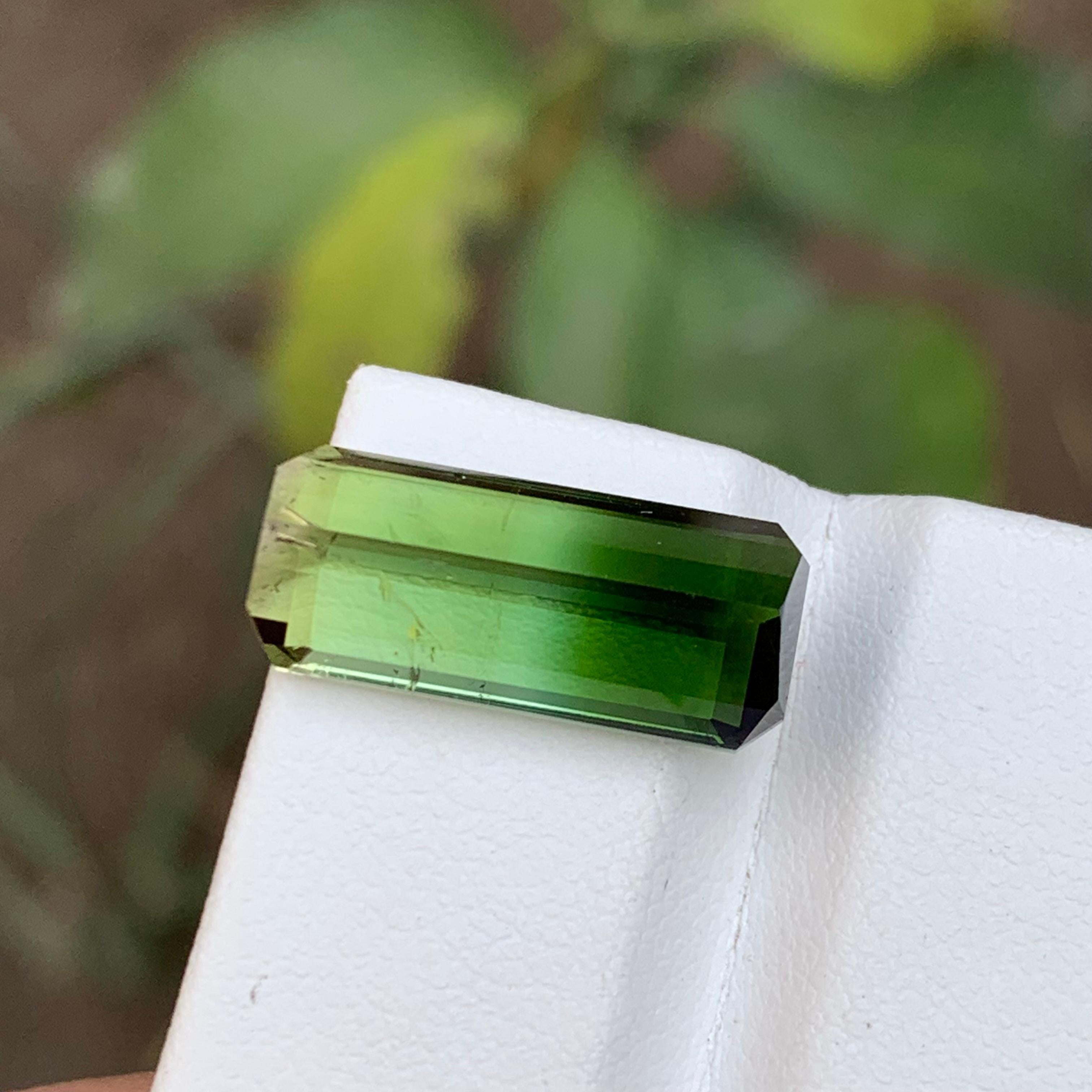 Rare Green Bicolor Natural Tourmaline Gemstone, 9.85 Carat Elongated Emerald Cut For Sale 2