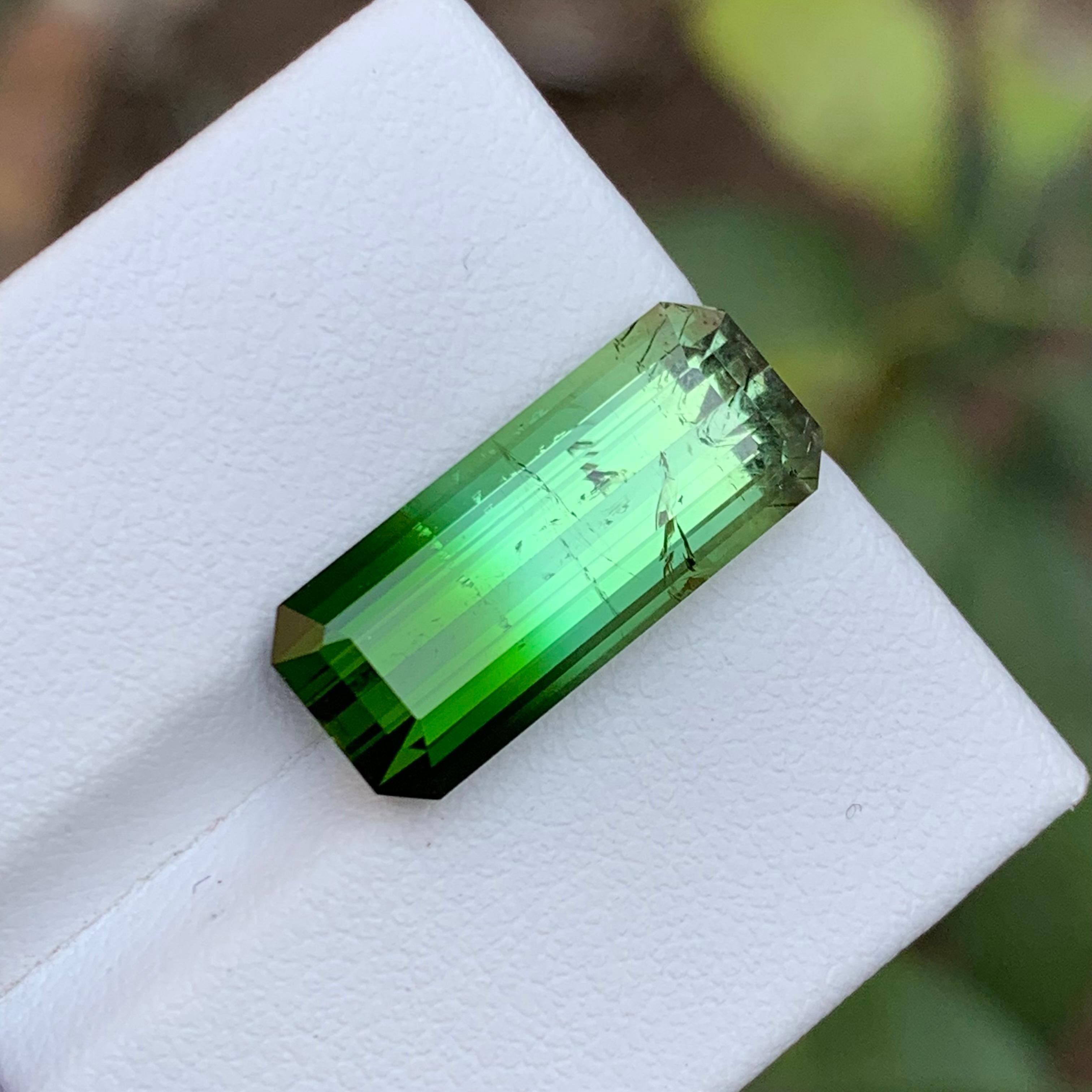 Rare Green Bicolor Natural Tourmaline Gemstone, 9.85 Carat Elongated Emerald Cut For Sale 3
