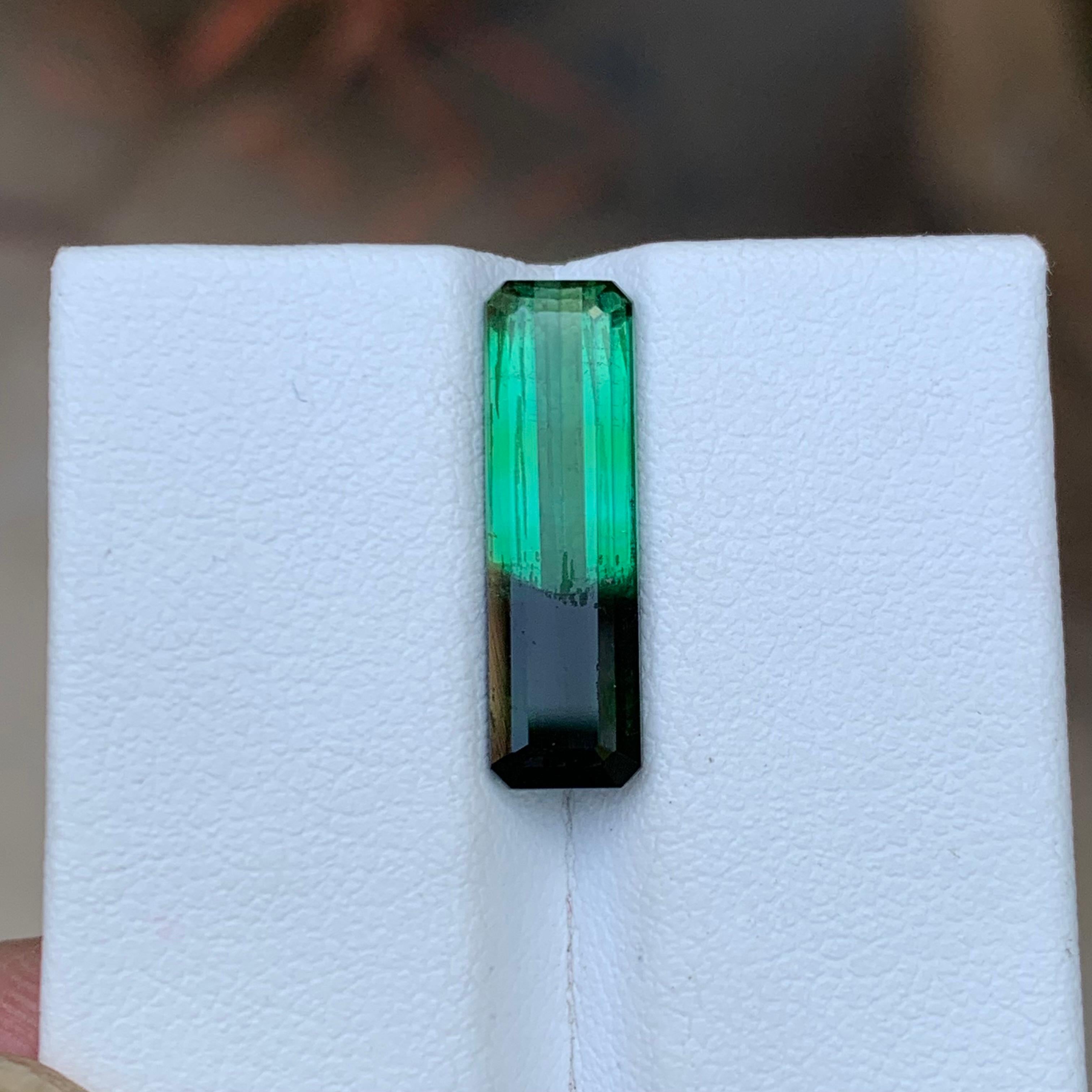 GEMSTONE TYPE: Tourmaline
PIECE(S): 1
WEIGHT: 3.90 Carats
SHAPE: Emerald Cut
SIZE (MM): 18.32 x 5.46 x 3.89
COLOR: Bicolor Green & Black
CLARITY: Slightly Included 
TREATMENT: None
ORIGIN: Afghanistan
CERTIFICATE: On demand

Indulge in the
