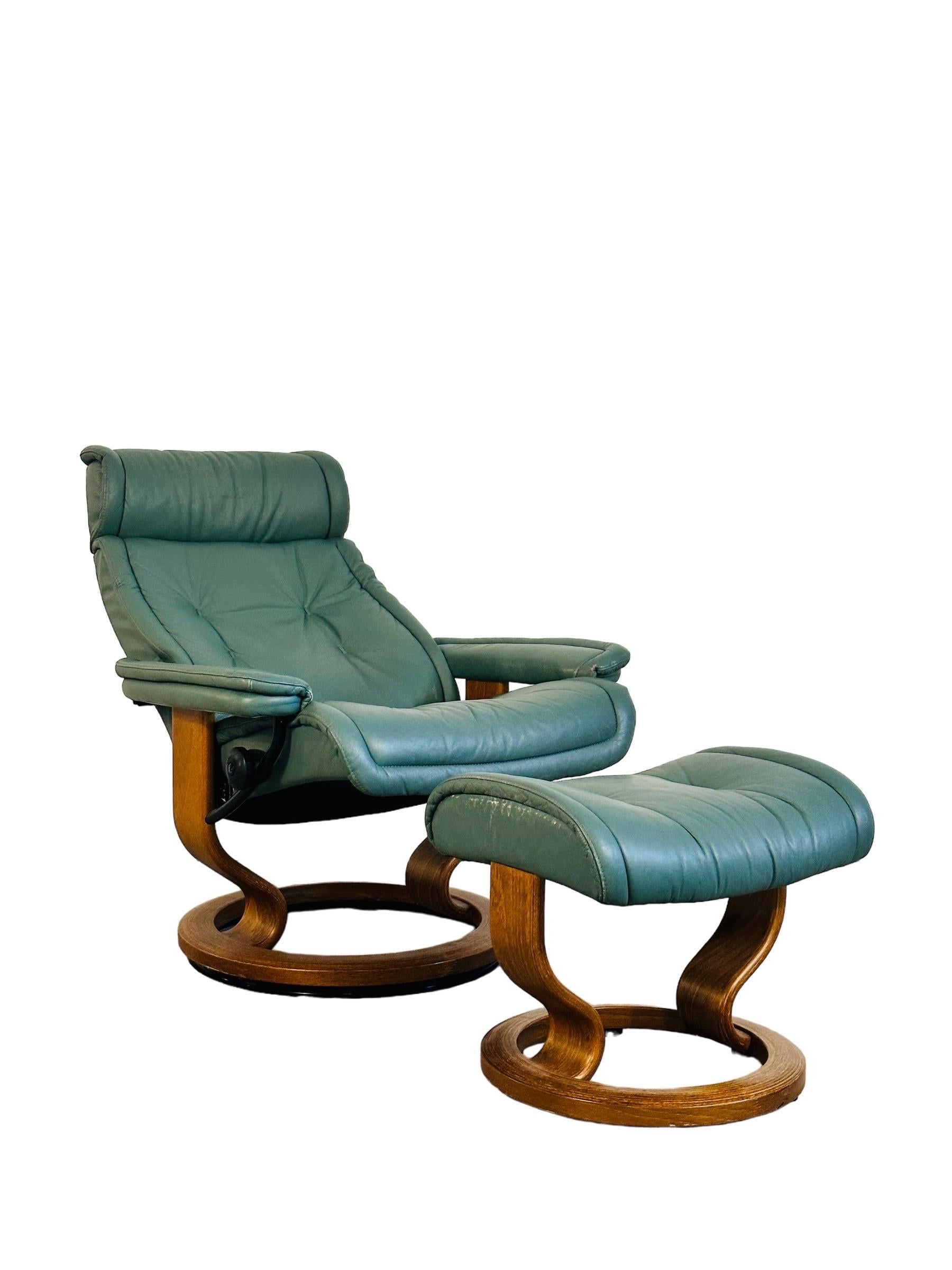 20th Century Rare Green Ekornes Stressless Lounge Chair & Ottoman