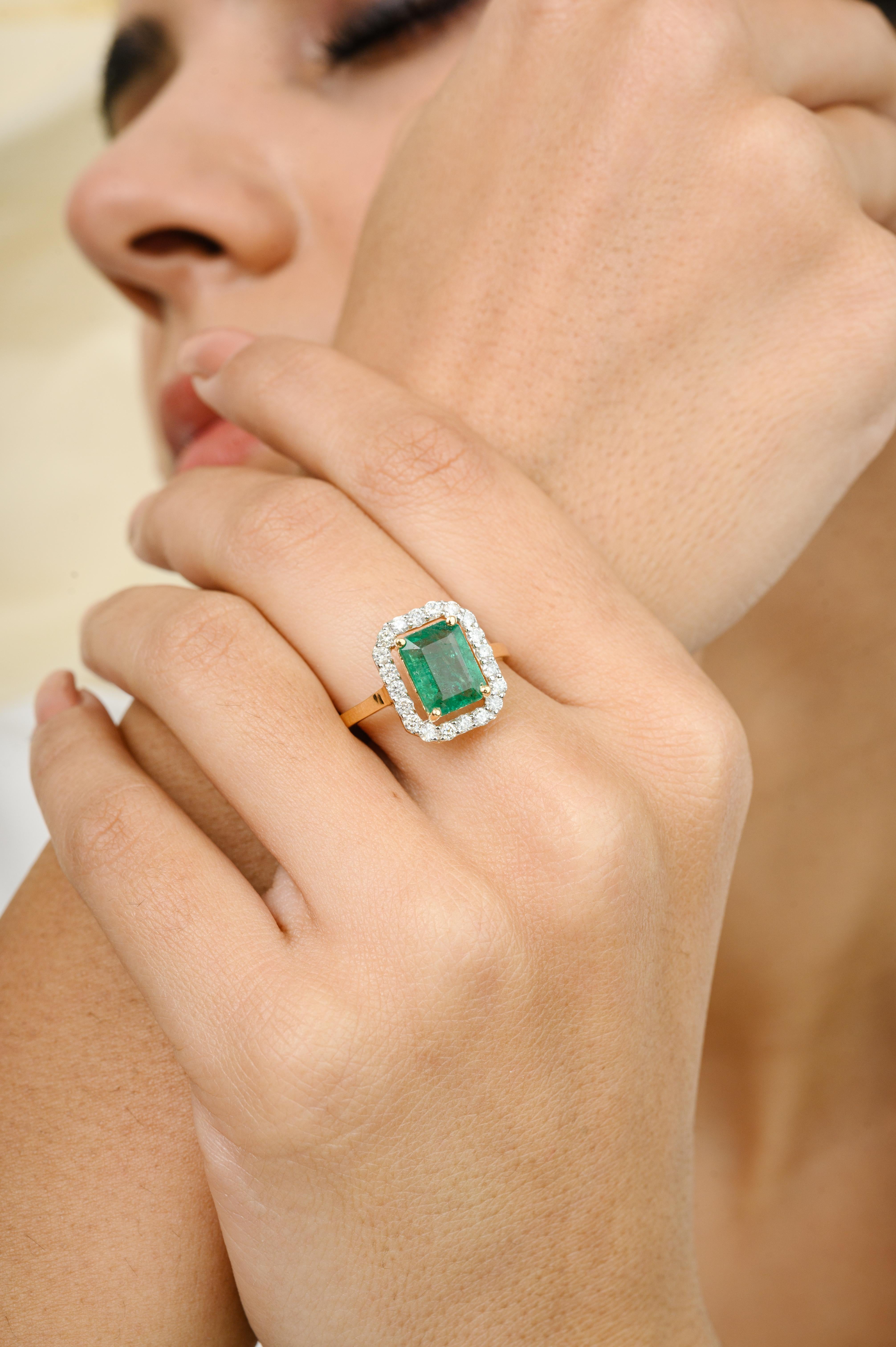 For Sale:  Rare Green Emerald Diamond Halo Engagement Ring in 18k Solid Yellow Gold 4