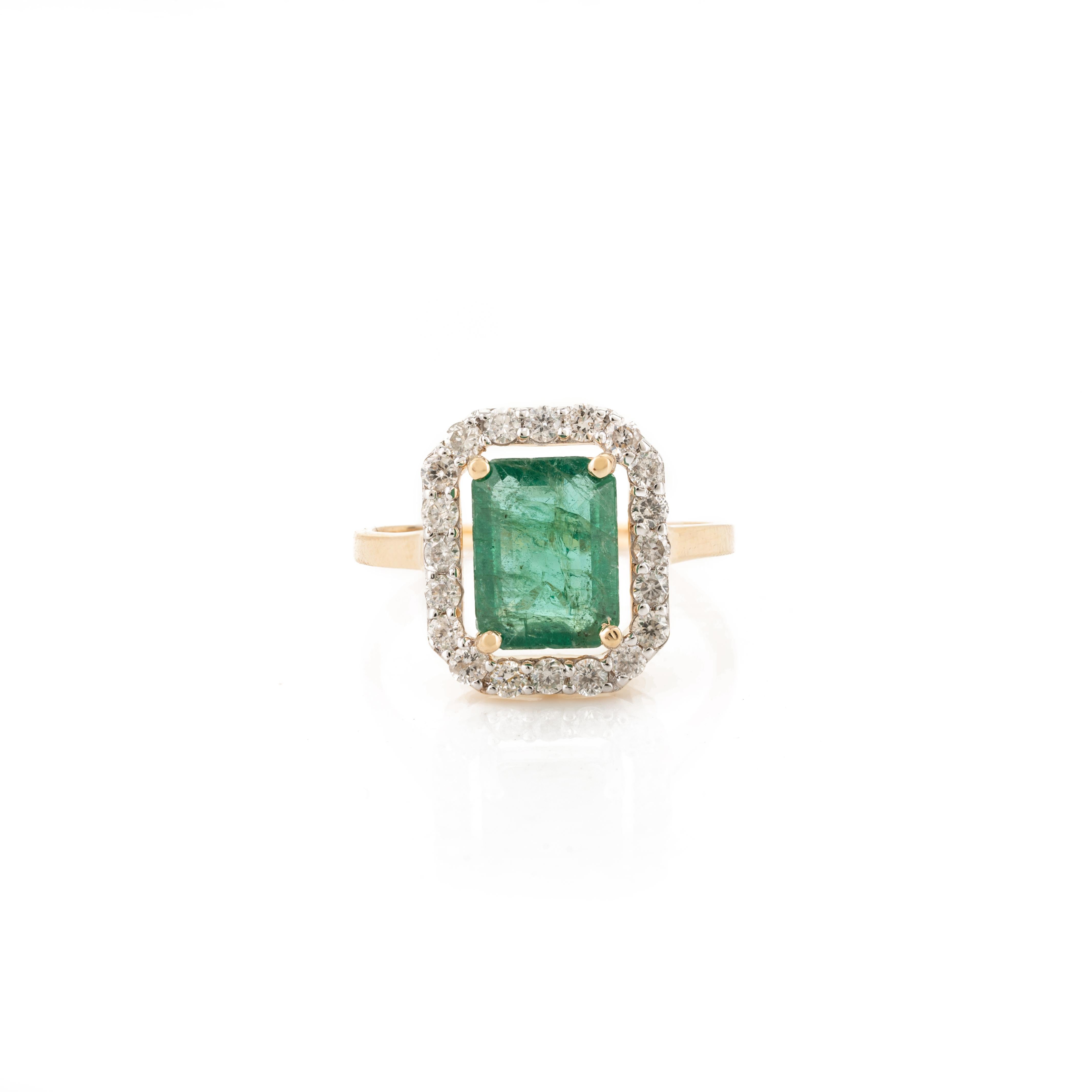 For Sale:  Rare Green Emerald Diamond Halo Engagement Ring in 18k Solid Yellow Gold 3