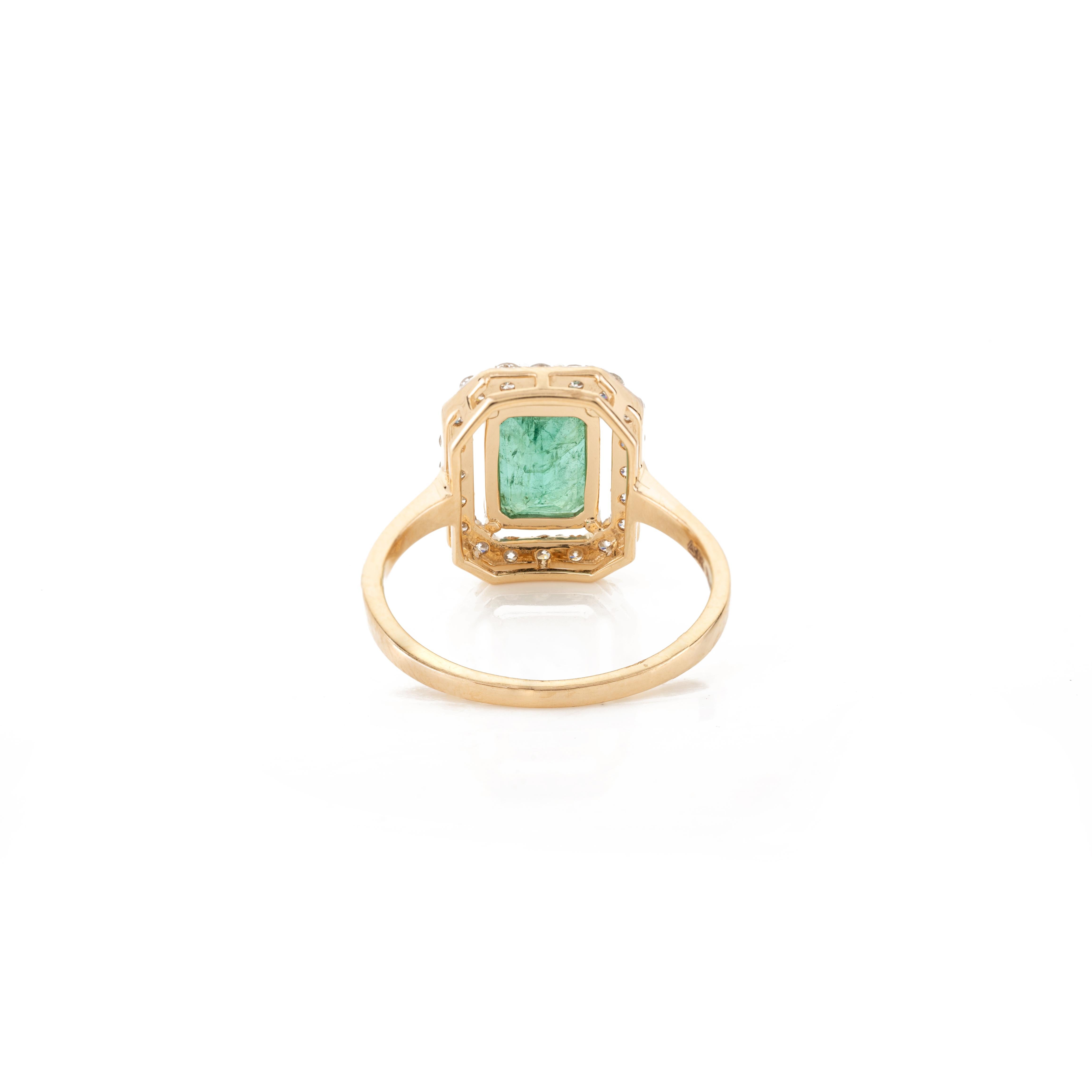 For Sale:  Rare Green Emerald Diamond Halo Engagement Ring in 18k Solid Yellow Gold 7