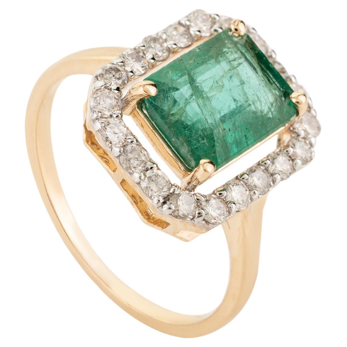 For Sale:  Rare Green Emerald Diamond Halo Engagement Ring in 18k Solid Yellow Gold