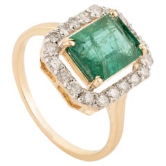 Rare Green Emerald Diamond Halo Engagement Ring in 18k Solid Yellow Gold