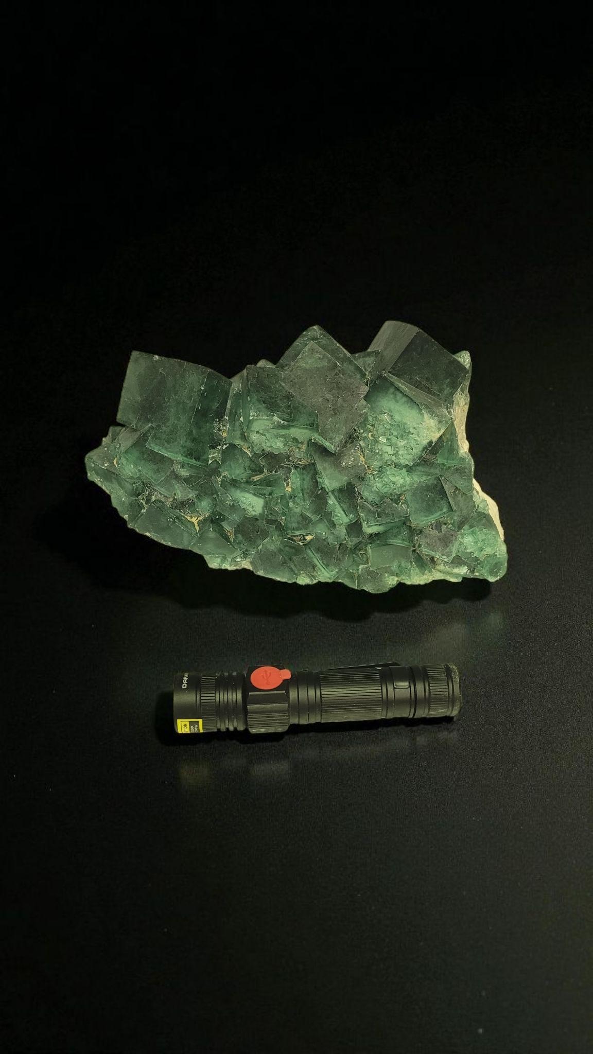 These specimen of green Fluorites from Madagascar are becoming rarer and rarer with time.
This one presented here is a great one by it's size and quality (23 cm wide, 3,7kg).

It's a scientifically interesting mineral as the word 