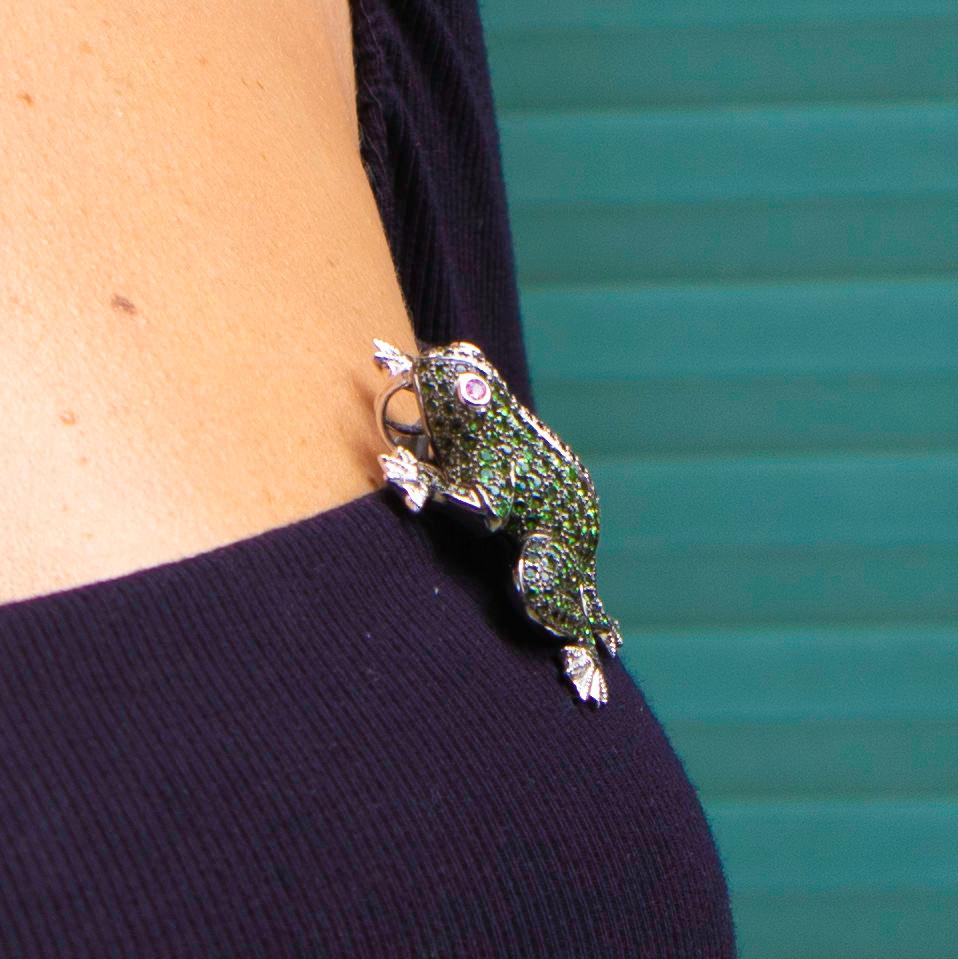 Women's or Men's Rare Green Garnets 8 Carat with Black Diamonds, Pink Sapphire 18K Gold Brooch