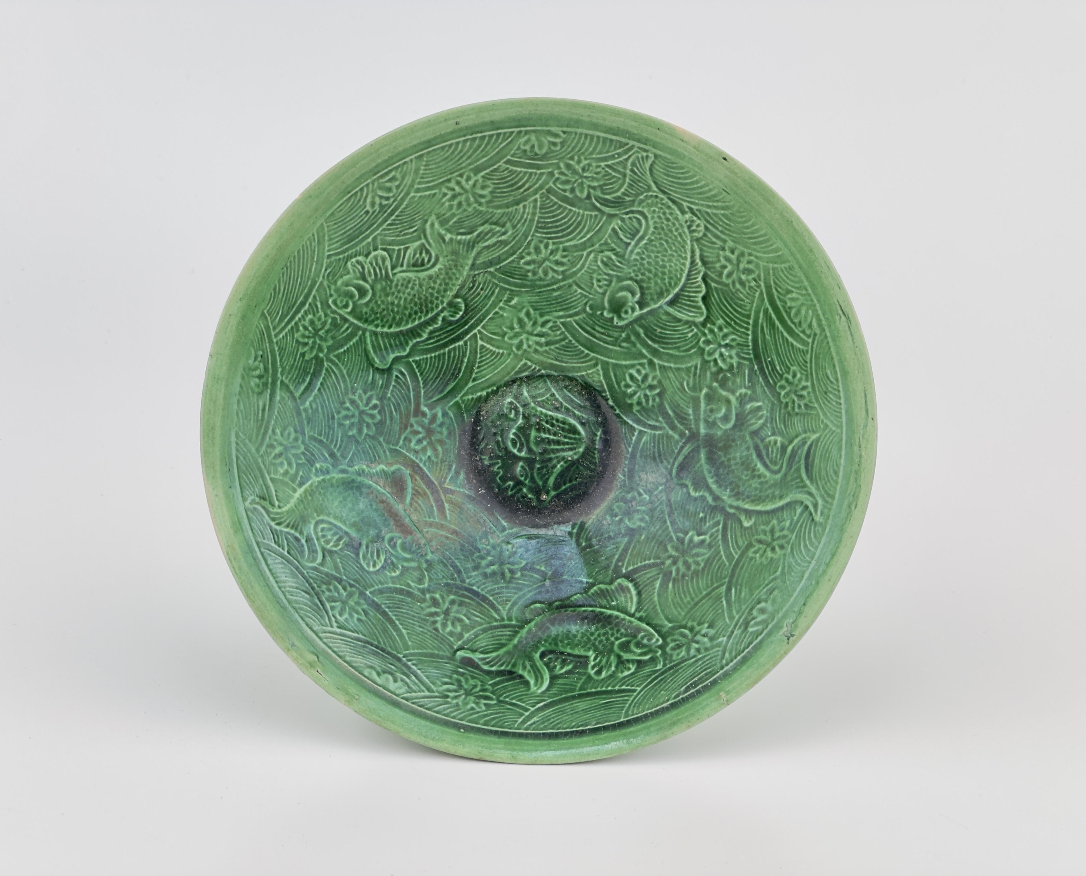 Rare Green-Glazed 'Fishes and Wave' Bowl, Liao-Song Dynasty For Sale 5