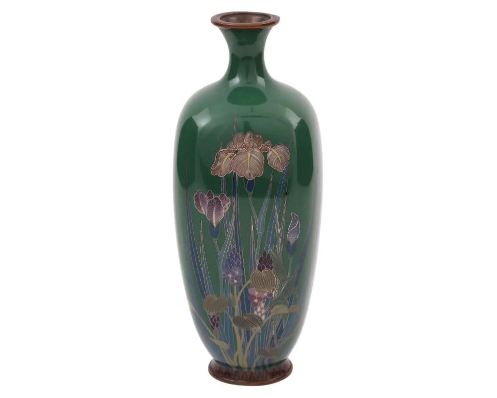 A rare high quality antique Japanese, late Meiji period, Silver wire and enamel over copper vase. The amphora shaped vase has a narrow fluted neck. The ware is enameled with a polychrome image of blossoming Iris flowers on a deep green ground made