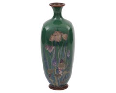 Rare Green Japanese Cloisonne Enamel Vase with Blossoming Iris Flowers
