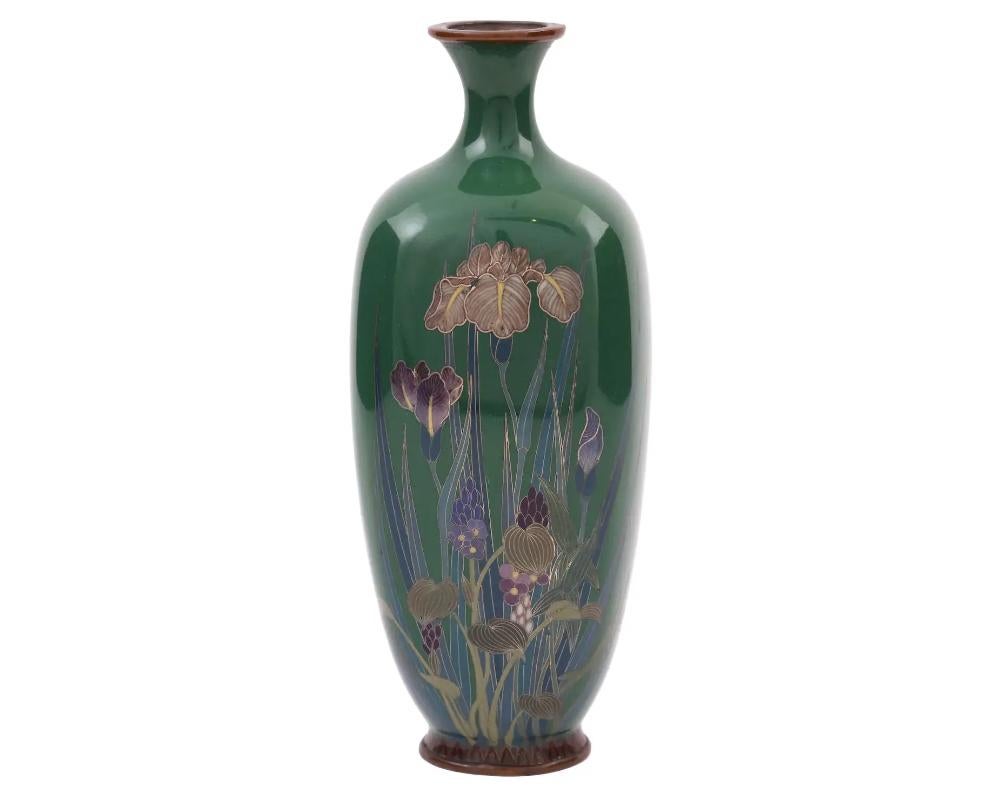 Meiji Rare Green Japanese Cloisonne Enamel Vase with Blossoming Iris Flowers For Sale
