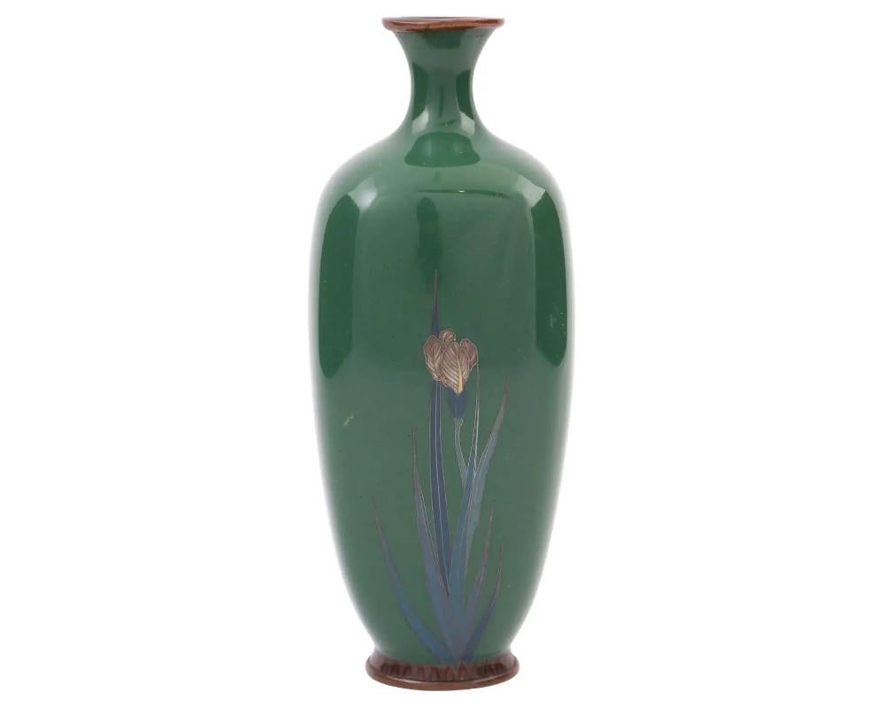 Rare Green Japanese Cloisonne Enamel Vase with Blossoming Iris Flowers In Good Condition For Sale In New York, NY