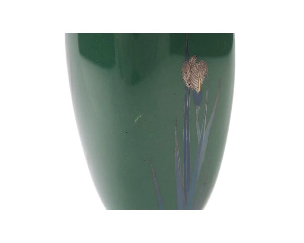 Rare Green Japanese Cloisonne Enamel Vase with Blossoming Iris Flowers For Sale 1