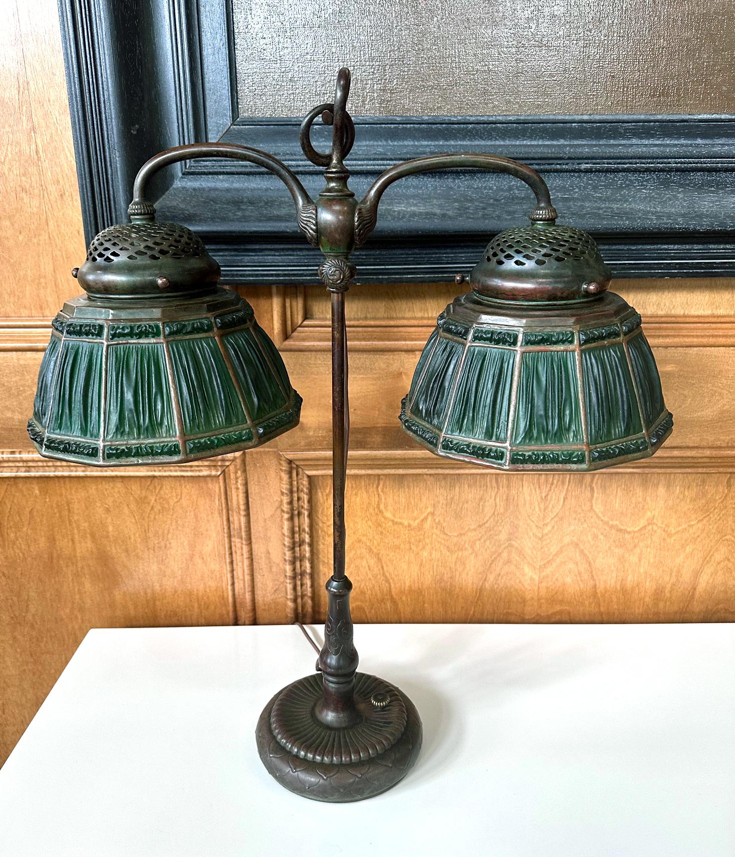 Rare Green Linenfold Double Student Table Lamp Tiffany Studio For Sale 5